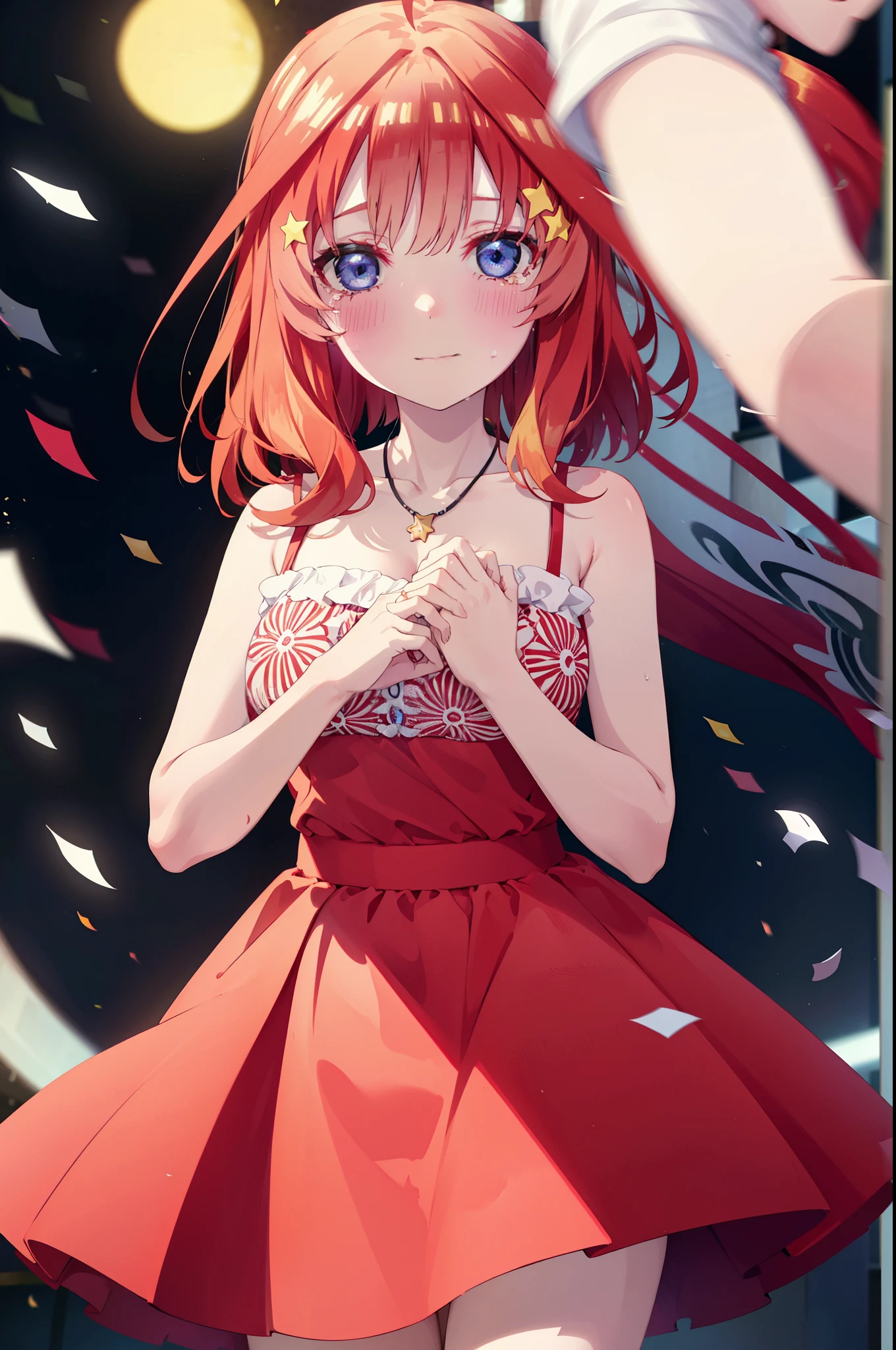 itsukinakano, Itsuki Nakano, bangs, blue eyes, Hair between the eyes, Ahoge, Redhead, star \(symbol\), hair ornaments, tiara,star hair ornaments,smile,blush,Red Dress,Long skirt,Red Pin Heel,Sleeveless,Exposing shoulders,Bare arms,Bare neck,bare clavicle,Heart Necklace,Tears stream down her face,Tears of joy,I cry a lot,holding a large bouquet of flowers in each hand,Confetti,There is a birthday cake on the table,
break indoors, on stage,
break looking at viewer, (Cowboy Shot:1.5),
break (masterpiece:1.2), highest quality, High resolution, unity 8k wallpaper, (shape:0.8), (Beautiful details:1.6), Highly detailed face, Perfect lighting, Extremely detailed CG, (Perfect hands, Perfect Anatomy),