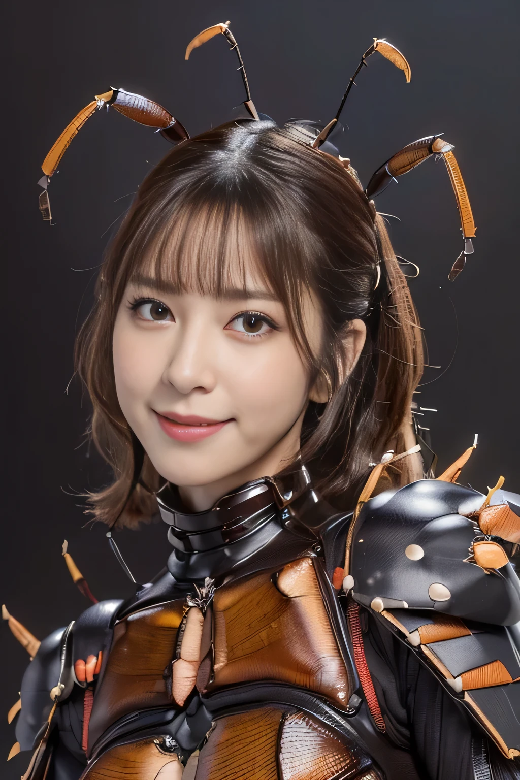 (high resolution,masterpiece,best quality,extremely detailed CG, anime, official art:1.4), realistic, photo, amazing fine details, all intricate, gloss and shiny,awesome many layers, 8k wall paper, 3d, sketch, kawaii, illustration,( solo:1.4), perfect female proportion,villainess, (fusion of dark brown cockroach and lady:1.4), (brown cockroach form lady:1.2), (brown cockroach lady:1.2), (fusion:1.2), (solo:1.4), (evil smile:1.2), muscular, abs, (cockroach brown exoskeleton bio insect suit:1.4), (cockroach brown exoskeleton bio insect armor:1.2), (brown transparency cockroach wing:1.4), (brown cockroach antennae:1.3),