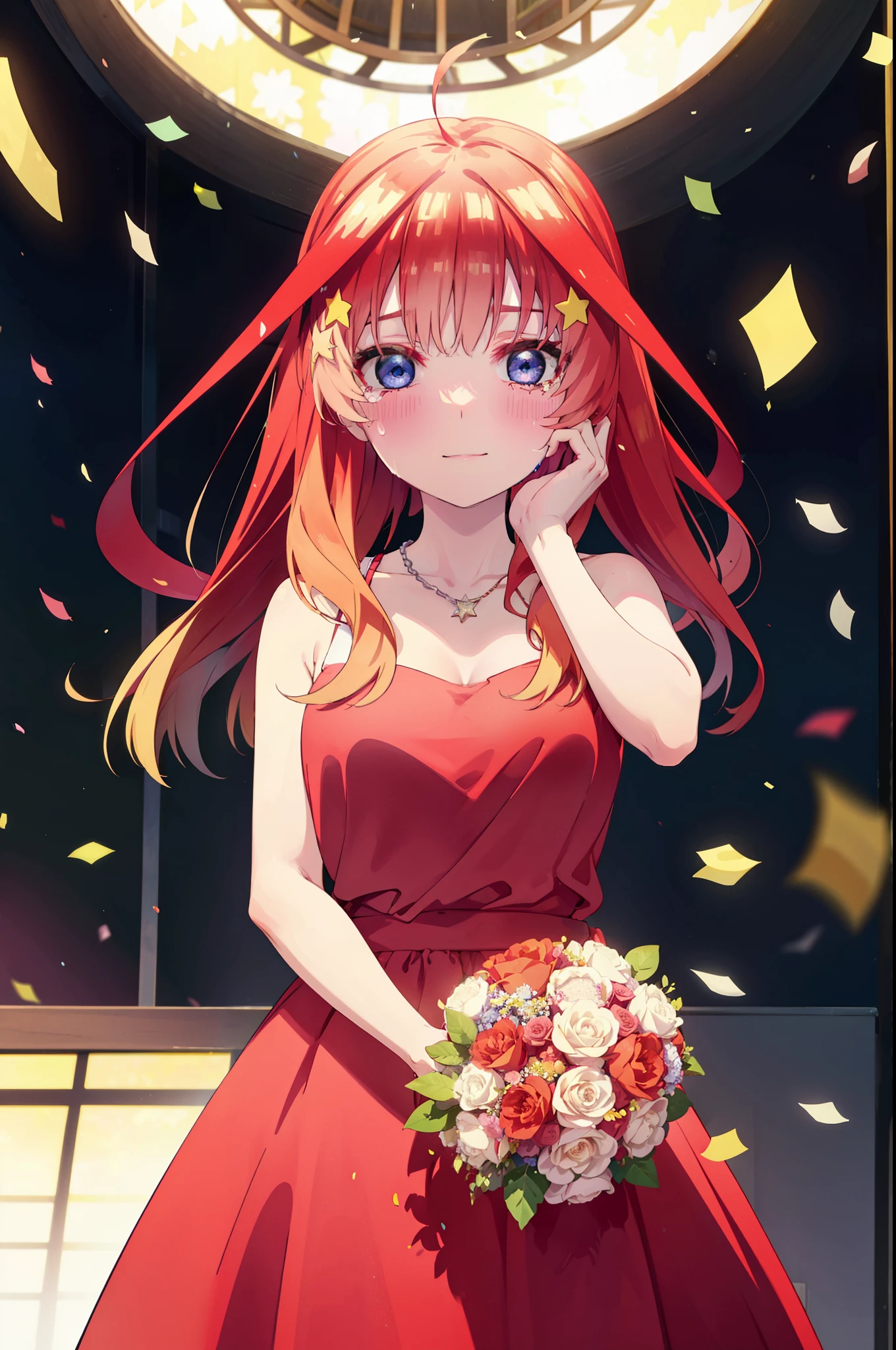 itsukinakano, Itsuki Nakano, bangs, blue eyes, Hair between the eyes, Ahoge, Redhead, star \(symbol\), hair ornaments, tiara,star hair ornaments,smile,blush,Red Dress,Long skirt,Red Pin Heel,Sleeveless,Exposing shoulders,Bare arms,Bare neck,bare clavicle,Heart Necklace,Tears stream down her face,Tears of joy,I cry a lot,holding a large bouquet of flowers in each hand,Confetti,There is a birthday cake on the table,
break indoors, on stage,
break looking at viewer, (Cowboy Shot:1.5),
break (masterpiece:1.2), highest quality, High resolution, unity 8k wallpaper, (shape:0.8), (Beautiful details:1.6), Highly detailed face, Perfect lighting, Extremely detailed CG, (Perfect hands, Perfect Anatomy),