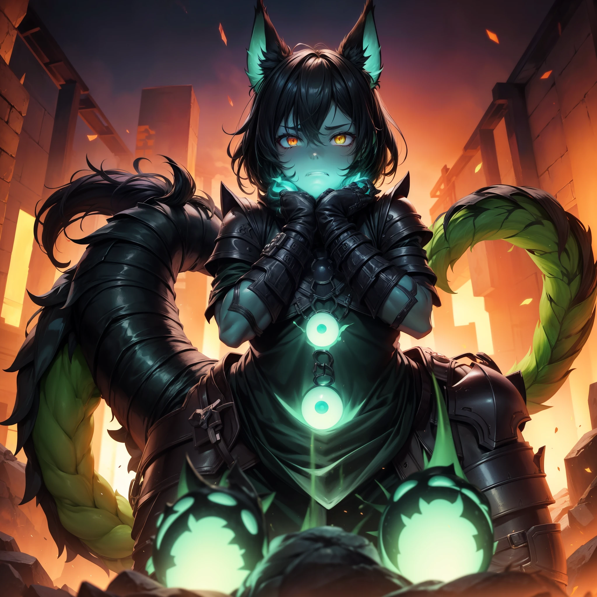 Cerberus (Fortnite)、Anthro、(male)、3 heads、ear、solo、Looking at the viewer、skull、Green Claws、Low Angle View、(Hand on chin)、((Black Face)) 、Abdominal muscles、((Glowing Eyes、Eyes in the Sky))Green Eyes、Upper Body、(Luminous body、Green body)、黒いtail、((tail))、(pants)、leather jacket、Open jacket、foot armor、(by taetae) )、Written by Arashi Takemoto、null-ghost著、chung0 0、shadow、Detailed Background、Dark Background、Dungeons、Detailed Background、8k had it、