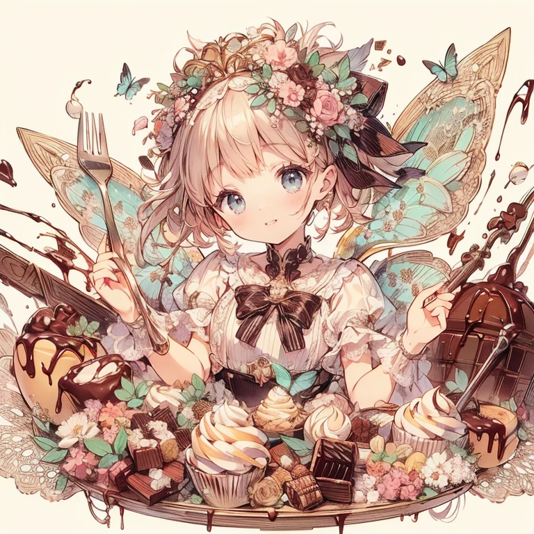 (Exquisite, beautiful, Very detailed, masterpiece, High resolution,high quality,High resolution),(Well-formed face,Soft and thin lines: 1.2, beautiful, Delicate and vivid illustrations with a mature and clear feel), Lots of beautiful and delicious looking chocolates,A chocolate-winged fairy is floating in the air holding a large silver fork with a Happy smile on his face,Chocolate motif ball gown dress, Race, Ruffles and ribbons, fluffy, Black and white tones on a dark brown base.,Chocolate Tiara,neckRace,Earrings,bRacelet,chocolate fairy wings,(Short eyebrows,Pale pink blush, Plump pink lips,beautiful瞳,かなり大きくてfluffyバスト,Open chest,Fair skin, Good style,Knee-high with Race,),Happy,smile,Melted chocolate,Chocolate cake,truffle chocolate,chocolate bar,Pocky,chocolate cookies,Bright colors,Eye-catching colors,Dynamic Angle,Cute Dream,
