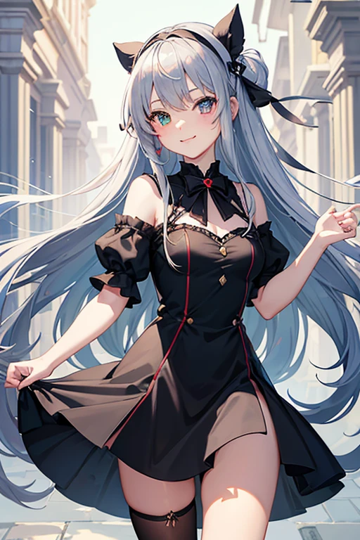 masterpiece, highest quality, High resolution，Anime Style、Characters from Tensura、Luminous　　　　　　　　　　　　Silver Hair（is lowering:1:20）Headband with black ribbon、One side is red、Heterochromia with the other side being blue、About 10 years old、Black Dress、Smile with your mouth closed、