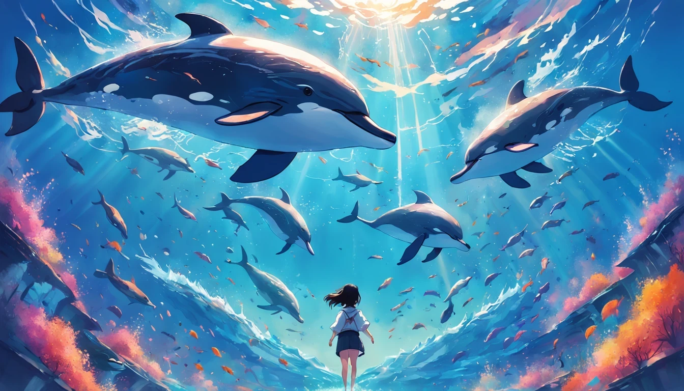 A colorful painting of a pod of dolphins swimming in the ocean., looking up at the elements,sky whale, Inspired by Cyril Rolando, Psychedelic and dreamy anime, colorful anime movie background, beautiful art illustrations, Author:Shitao, colorful art concept, Makoto Shinkai Cyril Rolando, In the style of Cyril Rolando, Flying Whale, Highly detailed watercolor 8k, Highly detailed 8k watercolor.,Octane,good,realistic,8k,Estilo de Makoto Shinkai( reasonable design, clear lines, High sharpness,คุณภาพgoodที่สุด, very detailed, Masterpiece, Cinematic lighting effects, 4k )