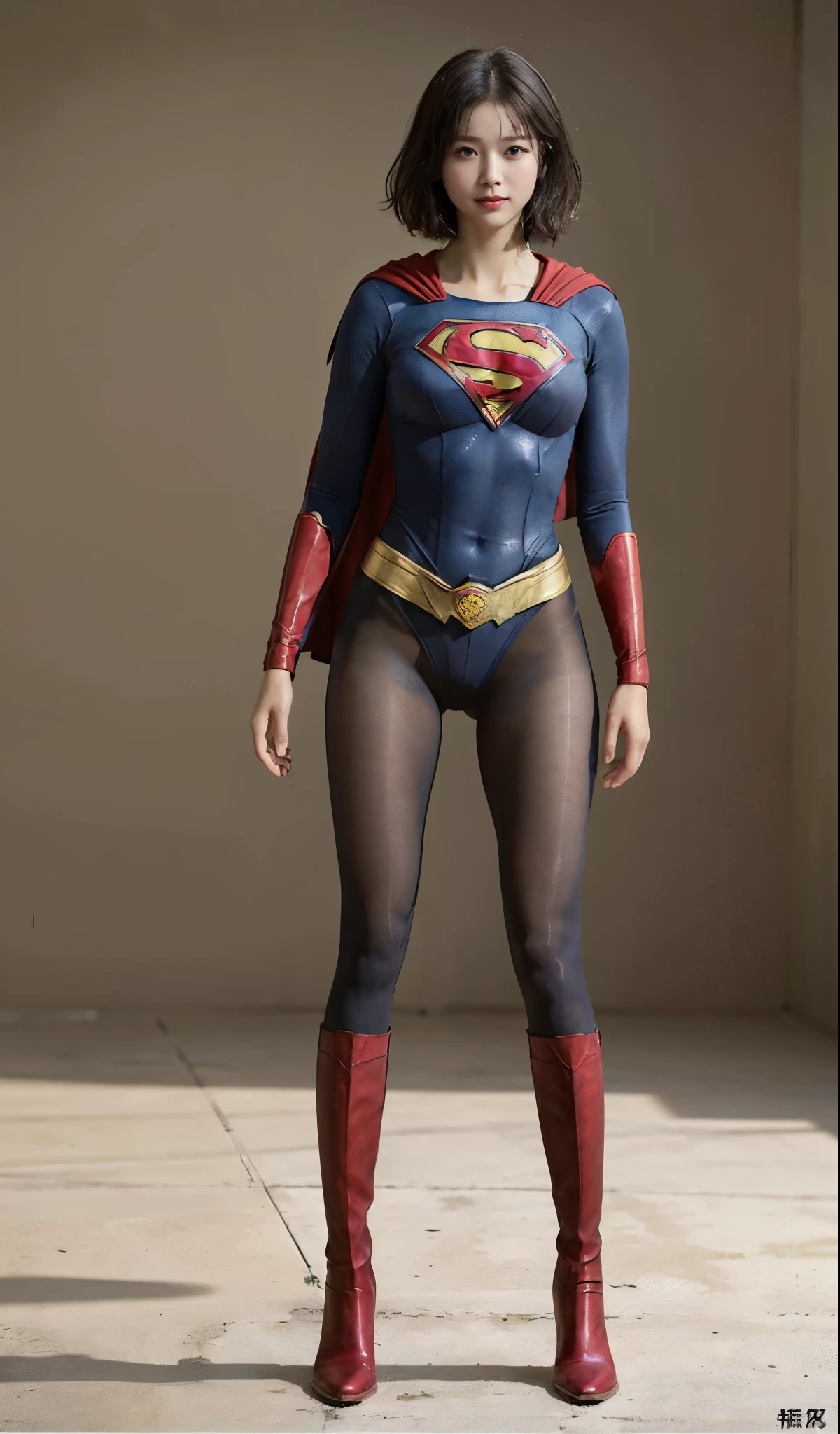 No background、(((Beautiful legs in black tights.)))、(((Legally express the beauty of your smile)))、((((Make the most of your original images)))、(((Supergirl Costume)))、(((Beautiful very short hair)))、(((suffering)))、(((Please wear black tights....、Wear red boots)))、((Best image quality、8k))、((highest quality、8k、masterpiece:1.3))、(((Preserve background )))、Sharp focus:1.2、Beautiful woman with perfect figure:1.4、Slim Abs:1.2、Wet body:1.5、Highly detailed face and skin texture、8k