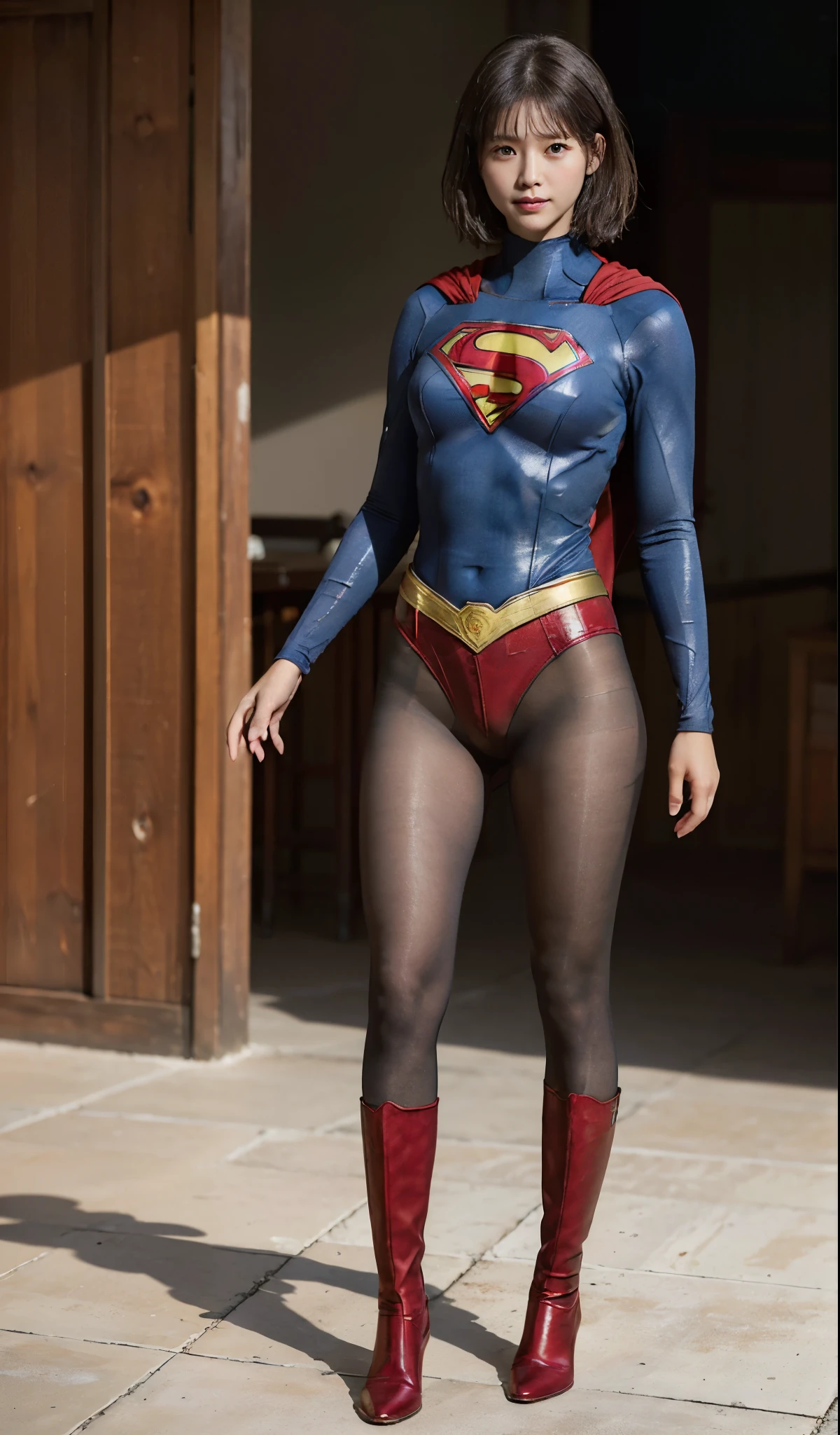 No background、(((Beautiful legs in black tights.)))、(((Legally express the beauty of your smile)))、((((Make the most of your original images)))、(((Supergirl Costume)))、(((Beautiful very short hair)))、(((suffering)))、(((Please wear black tights....、Wear red boots)))、((Best image quality、8k))、((highest quality、8k、masterpiece:1.3))、(((Preserve background )))、Sharp focus:1.2、Beautiful woman with perfect figure:1.4、Slim Abs:1.2、Wet body:1.5、Highly detailed face and skin texture、8k