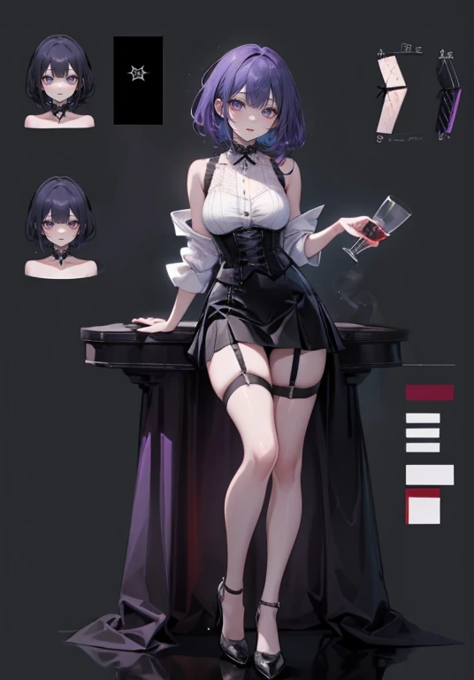 Purple Hair,Shortcuts,Adult female,(((bartender))),((Body Harness)),((Roll up your sleevesYshirt)),(corset),(Tight Skirt),((garter belt)),High heels,((Simple Background)),smile,((whole body)),((whole body)),Character Sheet,