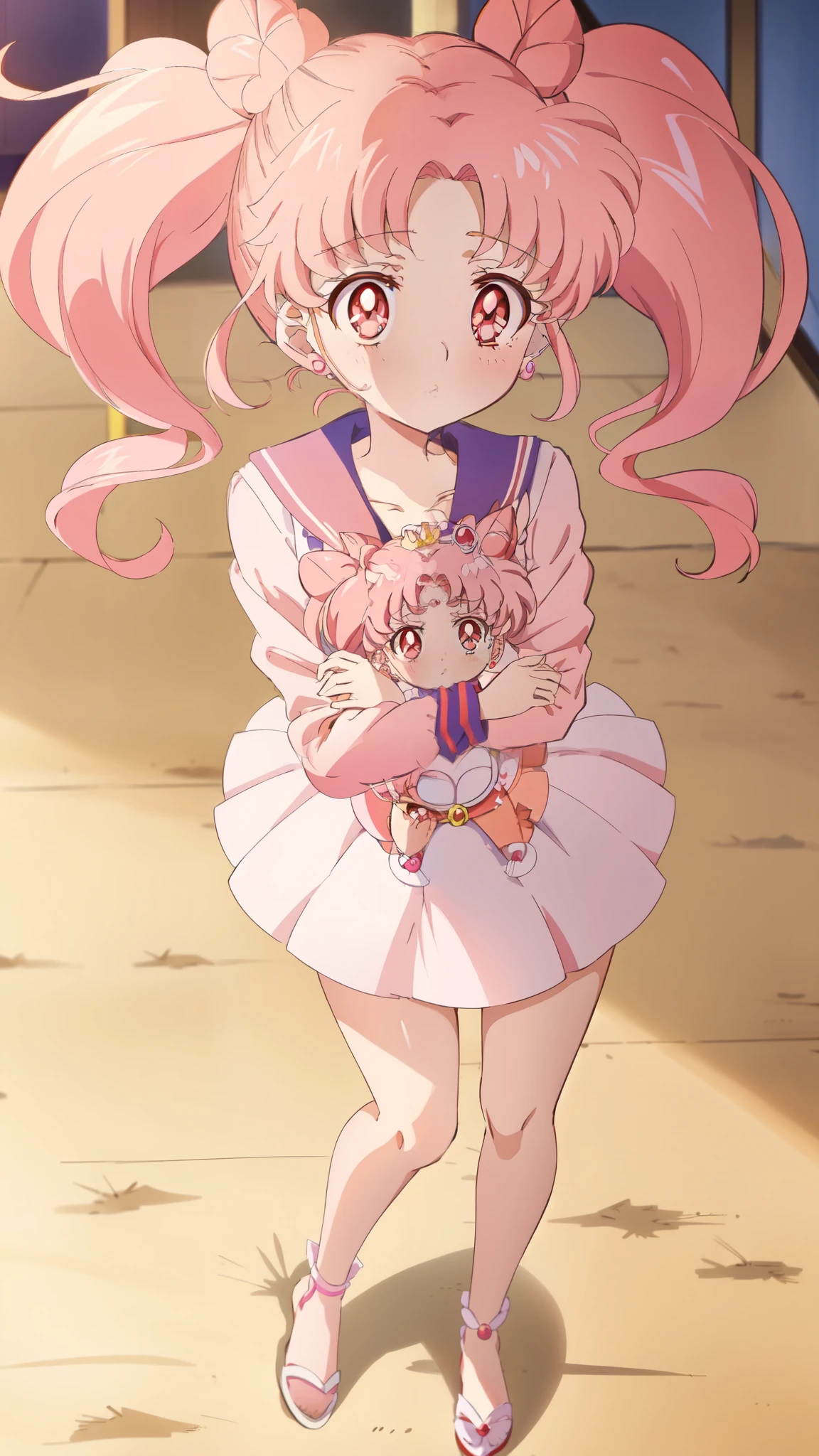 Crystal Movies Style, 1girl, anime coloring, cone hair bun, double bun, earrings, hair bun, holding, jewelry, looking at viewer, official style, pink hair, red eyes, sailor collar, , serafuku, solo focus, twintails