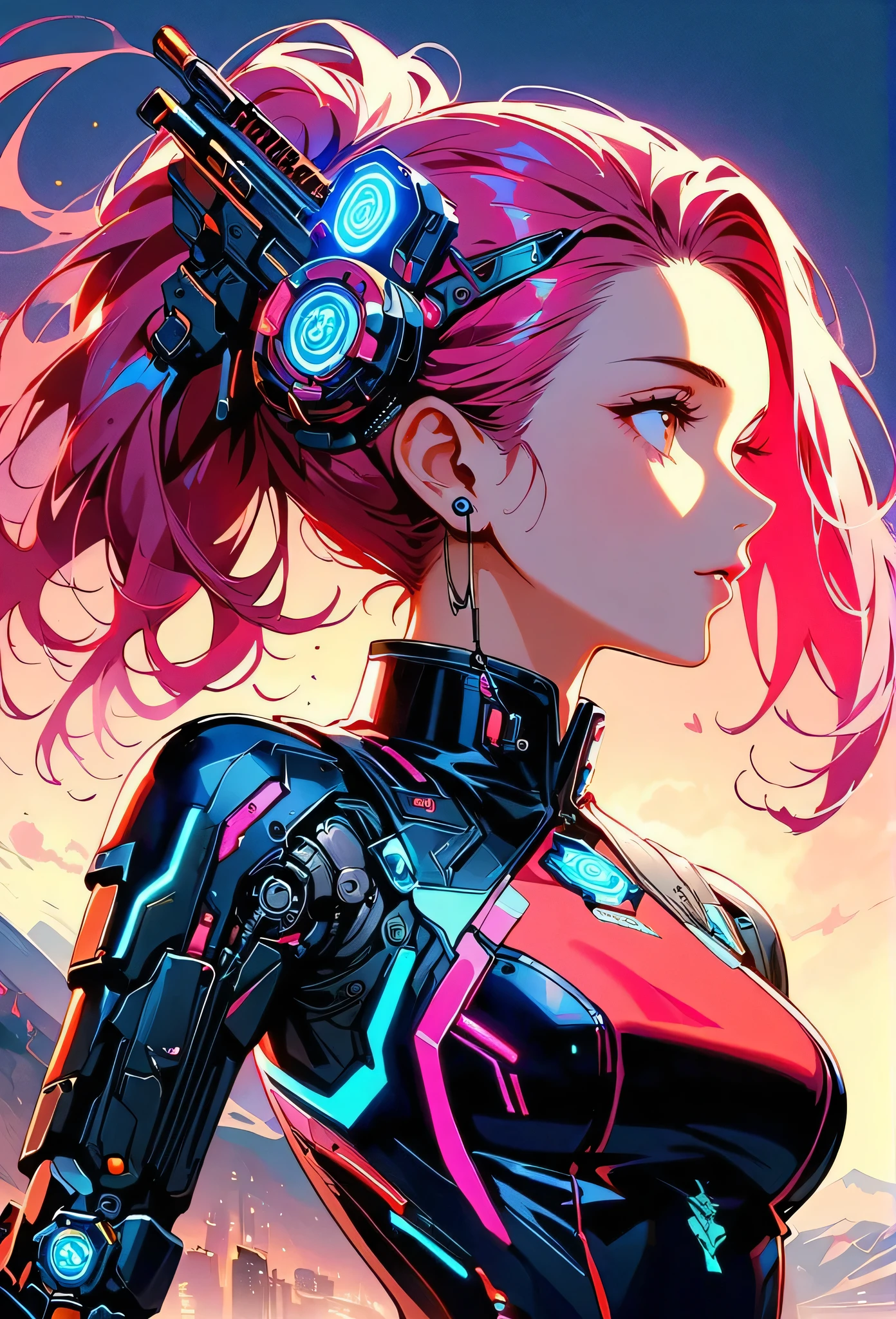 ((Vision)),((whole body)),1 girl, Wearing a black cheongsam,Robot arms and legs,Cyberpunk beauty holding an electric rifle,Standing under the cherry blossom tree with pink flowers,(white sockechanical ceramic high heels:1.5 ),background,Empty Mountain Motorcycle Style Oil Painting,closeup portrait,futuristic style,cyberpunk,high detail