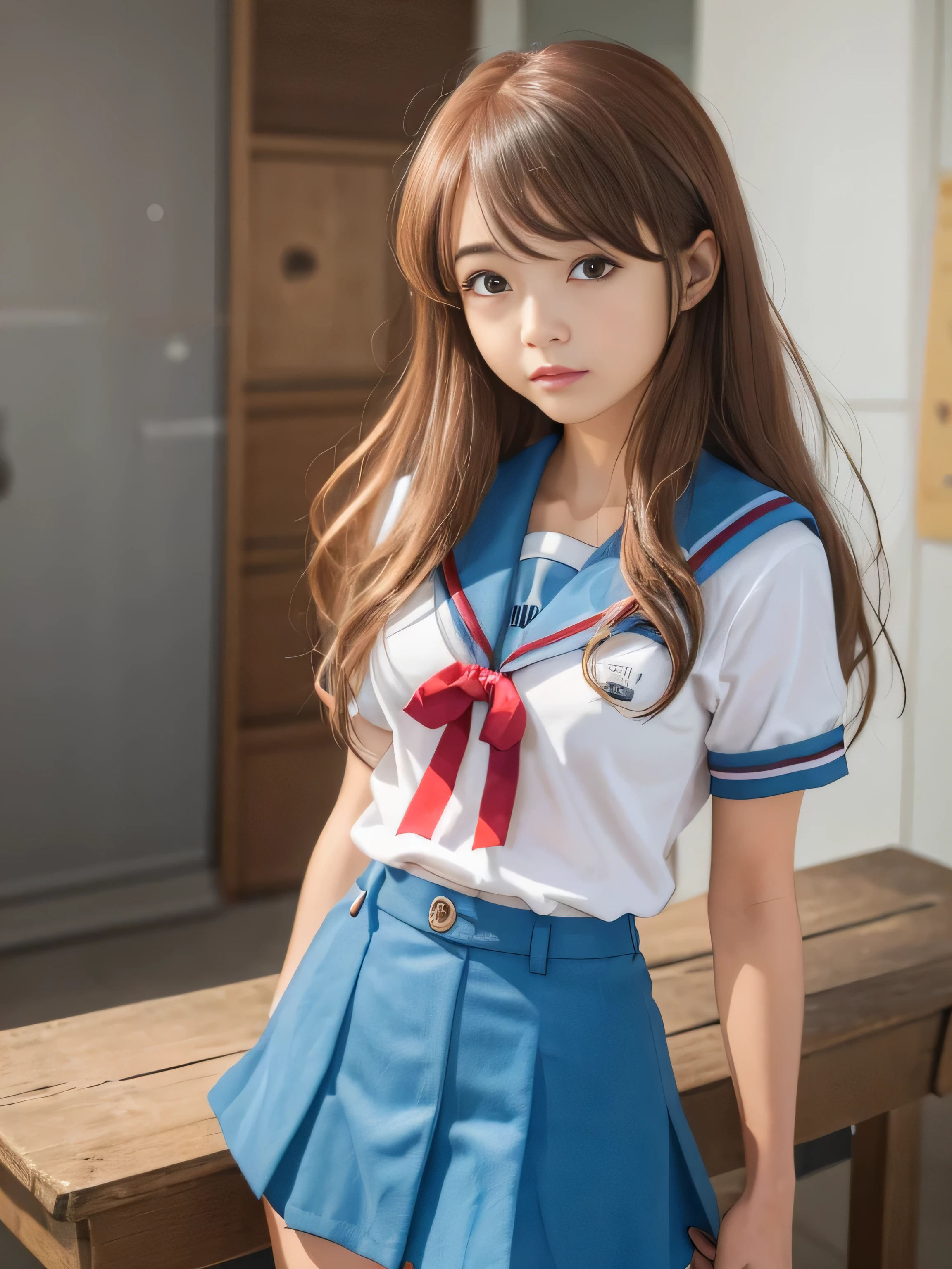(RAW quality:1.4)、8k resolution、Ultra-high-definition CG imageasterpiece、highest quality、Hi-Lake 1、One Girl、, Mikuru Asahina、length、Thin and see-through North College uniform、solo、青いSailor collar、Sailor collar、serafuku、Blue Skirt、Short sleeve、Red ribbon、Huge bust、Classroom background with blackboard、