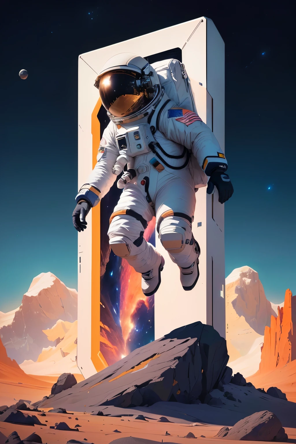 astronaut in a space suit is flying over a rocky area, astronaut, Just a joke, space walk,  astronaut, futuristic astronaut, space walk scene, detailed astronaut, astronaut, astronaut in space, space art, Sci-Fi illustrations, Sci-Fi illustrations, of space travel, astronaut lost in liminal space, american astronaut, space, space travel