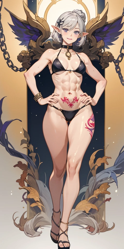 ((1girl)) full body standing straight symmetrical looking to the viewer, view from below, grey skin, drow, elf, mature, detailed happy face, purple eyes, white silver hair, black bikini, abs, navel, big knockers, golden chain collar, stomach tattoo (red tattoo), hands on  hips, wide hips, thick thighs, metal sandals