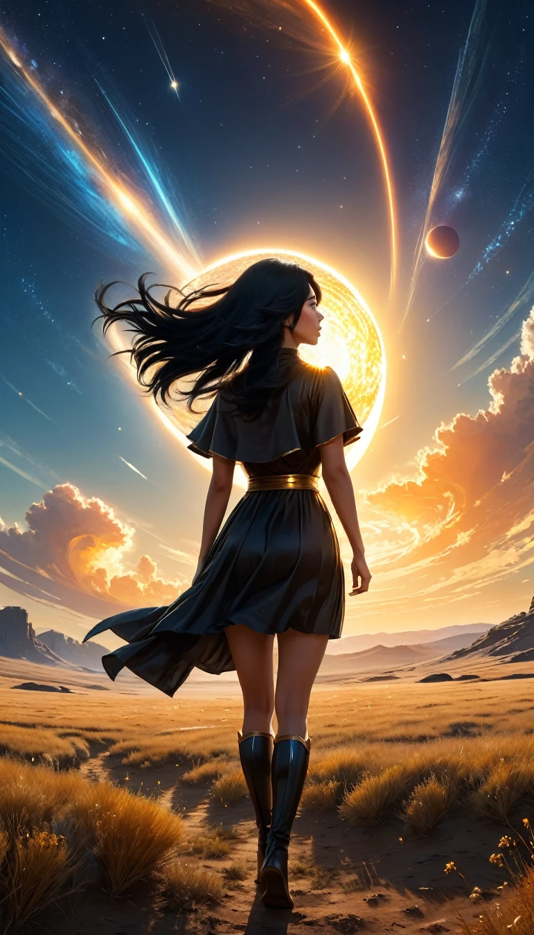 Hair floating in midair, back view, Look at the sun, There is a starship in the sky, Three suns, A girl with black hair, 25 year old girl, Standing in the steppe, landscape, universe, 8k, super detail