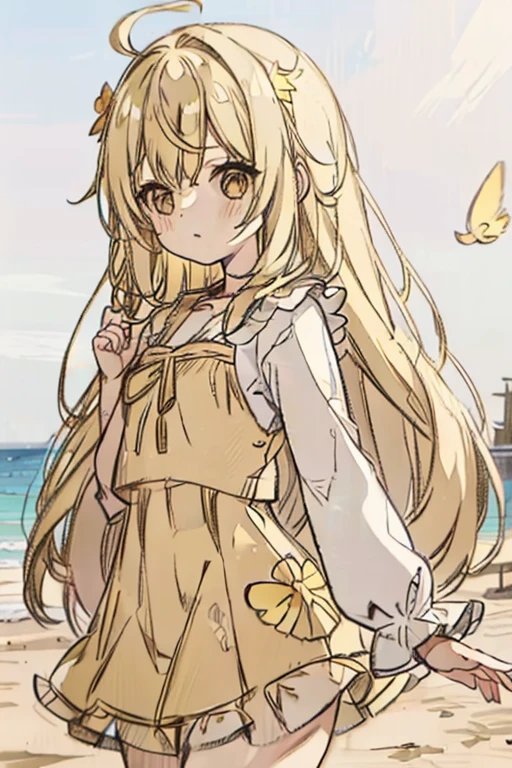 A blonde haired female angel in a cute yellow ta dress with hazel eyes and golden wings is holding a beachball at the beach