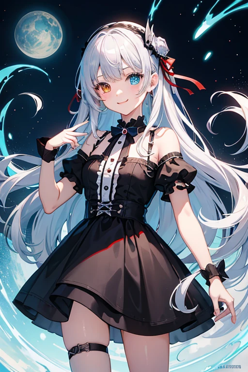 masterpiece, highest quality, High resolution，Anime Style、Characters from Tensura、Luminous　　　　　　　　　　　　Silver Hair（is lowering:1:10）Headband with black ribbon、One side is red、Heterochromia with the other side being blue、About 10 years old、Black Dress、Smile with your mouth closed、
