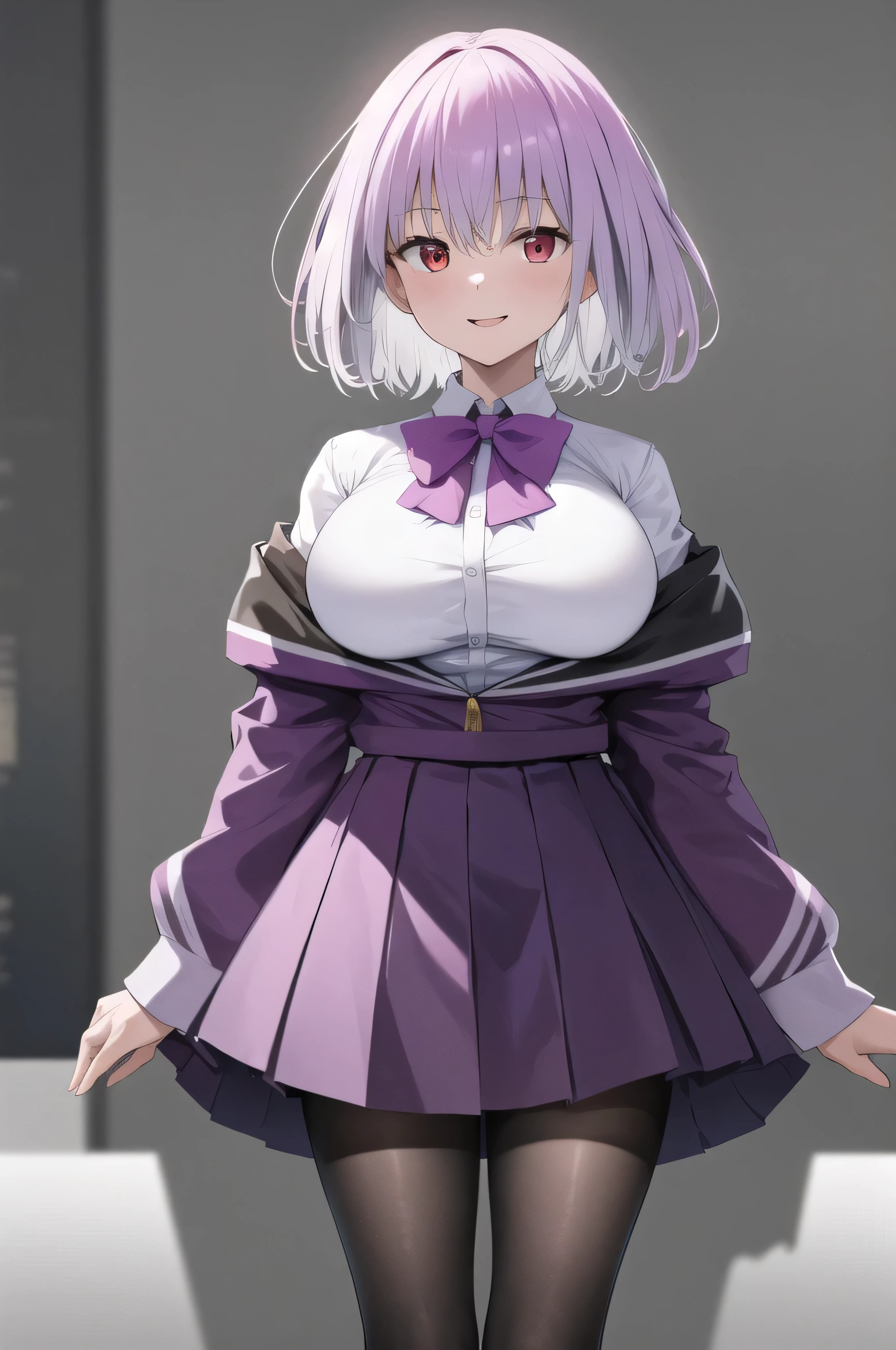 masterpiece, highest quality,best quakity, High resolution, Ah Akane, short hair, Red eyes, Large Breasts, Purple bow tie, Collared shirt, White shirt, Off the shoulder, Purple Jacket, Partially defrosted, Long sleeve, Sleeves are longer than the wrist, Pleated skirt, Black Skirt, pantyhose, Cowboy Shot, Are standing, evil face,evil huge laugh,(Best picture quality, 4K, 8K, High resolution, Masterpiece: 1.2), ultra detailed,  Sinister Veil of Shadows