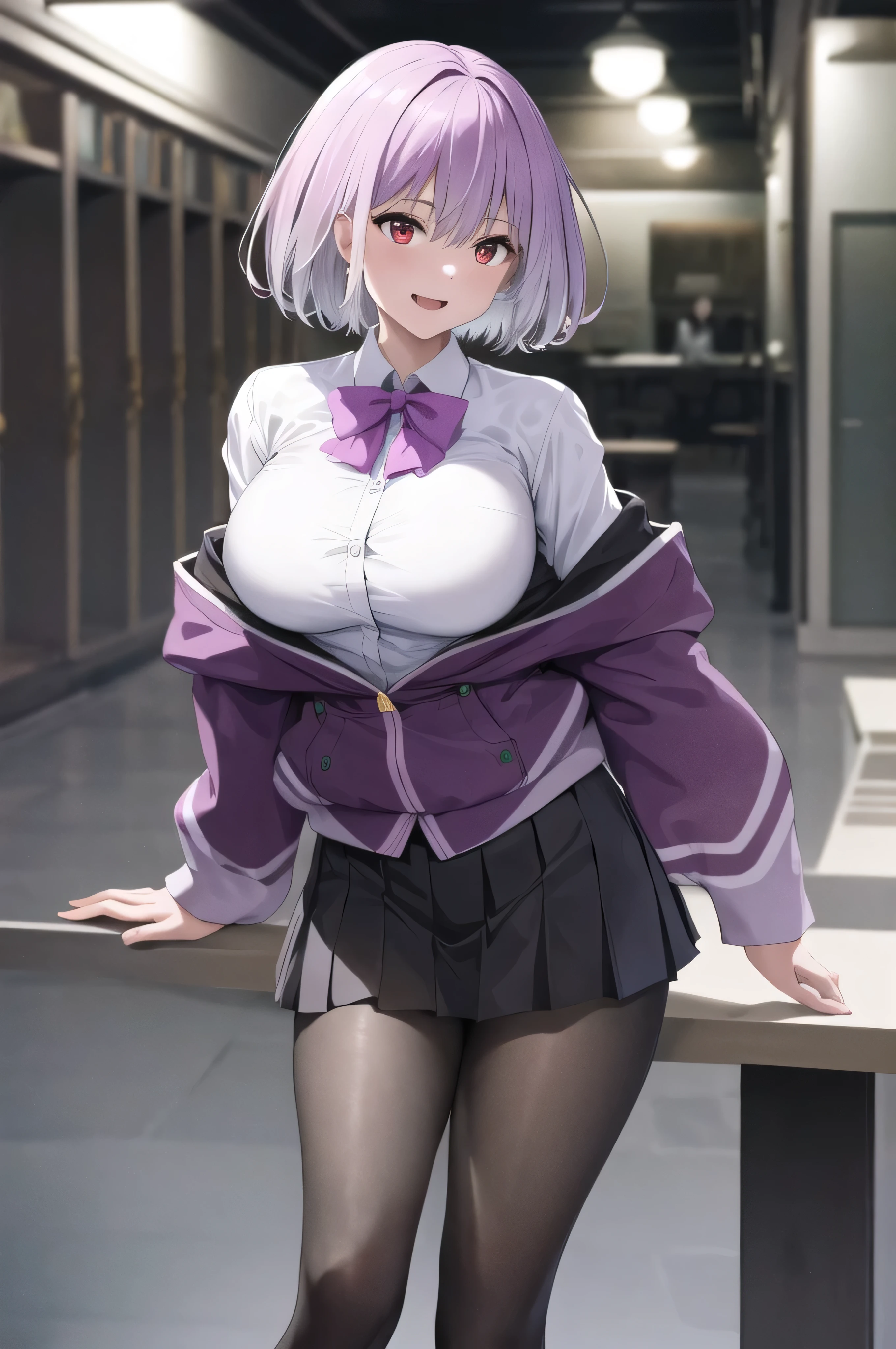 masterpiece, highest quality,best quakity, High resolution, Ah Akane, short hair, Red eyes, Large Breasts, Purple bow tie, Collared shirt, White shirt, Off the shoulder, Purple Jacket, Partially defrosted, Long sleeve, Sleeves are longer than the wrist, Pleated skirt, Black Skirt, pantyhose, Cowboy Shot, Are standing, evil face,evil huge laugh,(Best picture quality, 4K, 8K, High resolution, Masterpiece: 1.2), ultra detailed, Sinister Veil of Shadows