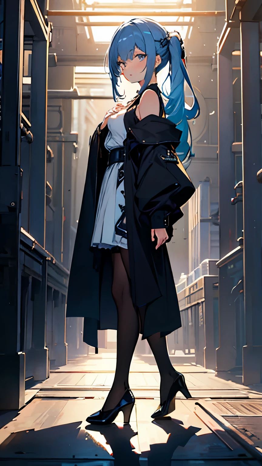 (QUALITY:0)
8k, 8k wallpaper, (an extremely delicate and beautiful:1.1), (beautiful detailed eyes:1.3), (best illustration:1.1), (best quality:1.3), (best shadow:1.1), (cinematic lighting:1.2), detailed eyes, (detailed_light:1.1), (dreamy:1.1), (extremely detailed CG unity 8k wallpaper:1.1), highres, (masterpiece:1.3), official_art, ray tracing, (stylized:1.3), trending on artstation, (ultra_detailed:1.2)

(STYLE & COMPOSITION:0)
1girl, (from_side, full_body:1.4), solo

(POSE & EXPRESSION:0)
blush, head_tilt, legs_apart, lips_apart, looking_at_viewer, standing, unamused

(CHARACTER:0)
Blue_eyes, blue_hair, blue_long_hair, (dualtone_hair,blue_outer, black_inner), silk_white_pantyhose, white_stockings, white_socks, bare_shoulders, black_shirt, black_skirt, breasts_apart, blouse, black_blouse, fluffy_blouse, black_robe, ornate_robe, robe, collarbone, high_heels, lips, long_sleeves, makeup, plaid_skirt, high_waist_skirt, shiny_hair, shrug_\(clothing\), (small_breasts:1.3), very_long_hair

(BACKGROUND:0)

(TEXTUAL INVERSION:0)
