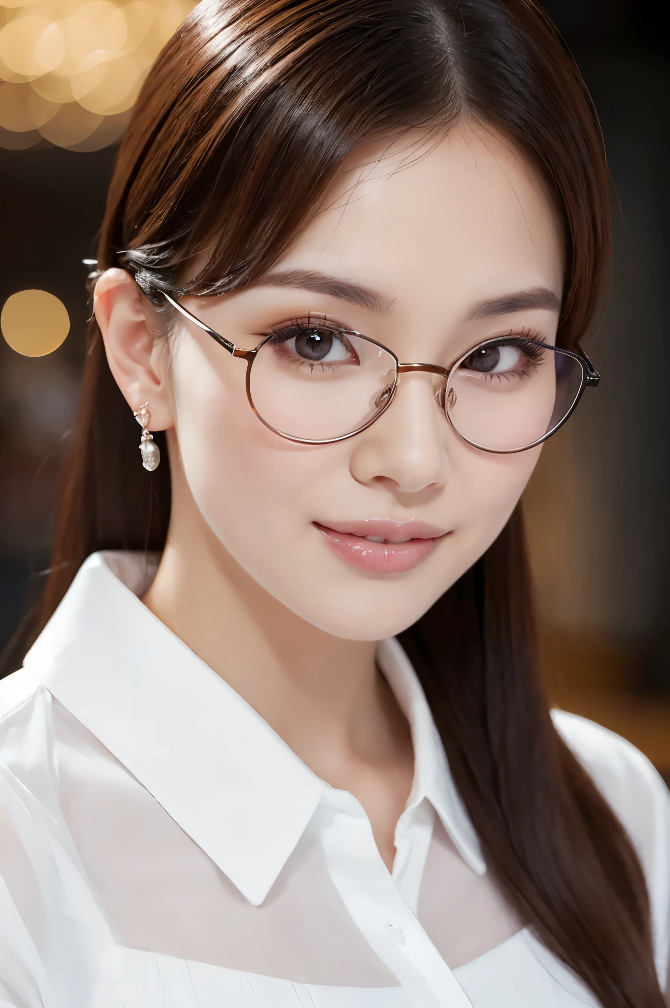 (highest quality、Tabletop、8k、Best image quality、Award-winning works)、One beautiful woman、Age 25、Perfect beautiful composition、(Classy glasses:1.1)、Cleavage、A big bust that seems to burst、(A perfect and accurate white polyester shirt:1.3)、(stand upright facing forward:1.2)、Looking at me with a sexy look、Perfect Makeup、Fascinating、Overflowing sex appeal、Lustrous and bright lips、Accurate anatomy、(Face close-up:1.5)、(The most moody and romantic atmosphere:1.1)、(The most romantic blurred night view of the entertainment district:1.2)、Perfect balance for beautiful face、Perfect Makeup、Ultra-high definition beauty face、Ultra HD Hair、Ultra-high quality moisturizing eyes、(Super high resolution perfect beautiful teeth:1.1)、(perfect beautiful teeth:1.1)、(Ultra-high resolution glossy skin:1.1)、Ultra-high quality glossy lips