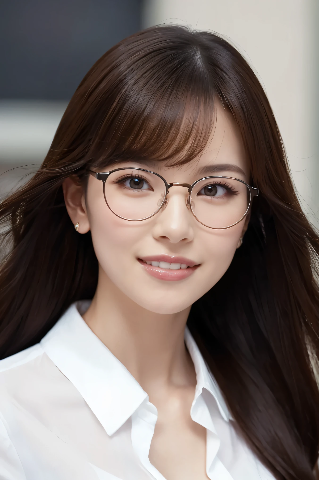 (highest quality、Tabletop、8k、Best image quality、Award-winning works)、One beautiful woman、Age 25、Perfect beautiful composition、(Classy glasses:1.1)、Cleavage、A big bust that seems to burst、(A perfect and accurate white polyester shirt:1.3)、(stand upright facing forward:1.2)、Looking at me with a sexy look、Perfect Makeup、Fascinating、Overflowing sex appeal、Lustrous and bright lips、Accurate anatomy、(Face close-up:1.5)、(The most moody and romantic atmosphere:1.1)、(The most romantic blurred night view of the entertainment district:1.2)、Perfect balance for beautiful face、Perfect Makeup、Ultra-high definition beauty face、Ultra HD Hair、Ultra-high quality moisturizing eyes、(Super high resolution perfect beautiful teeth:1.1)、(perfect beautiful teeth:1.1)、(Ultra-high resolution glossy skin:1.1)、Ultra-high quality glossy lips