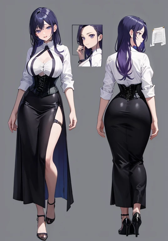 Purple hair,Long hair,Adult female,Bartender,((Body harness)),((Rolling up your sleeves shirt)),(Corset),(Long skirt),(slit),High heels,((Simple background)),Smile,((Full body)),((whole body)),Character Sheet,