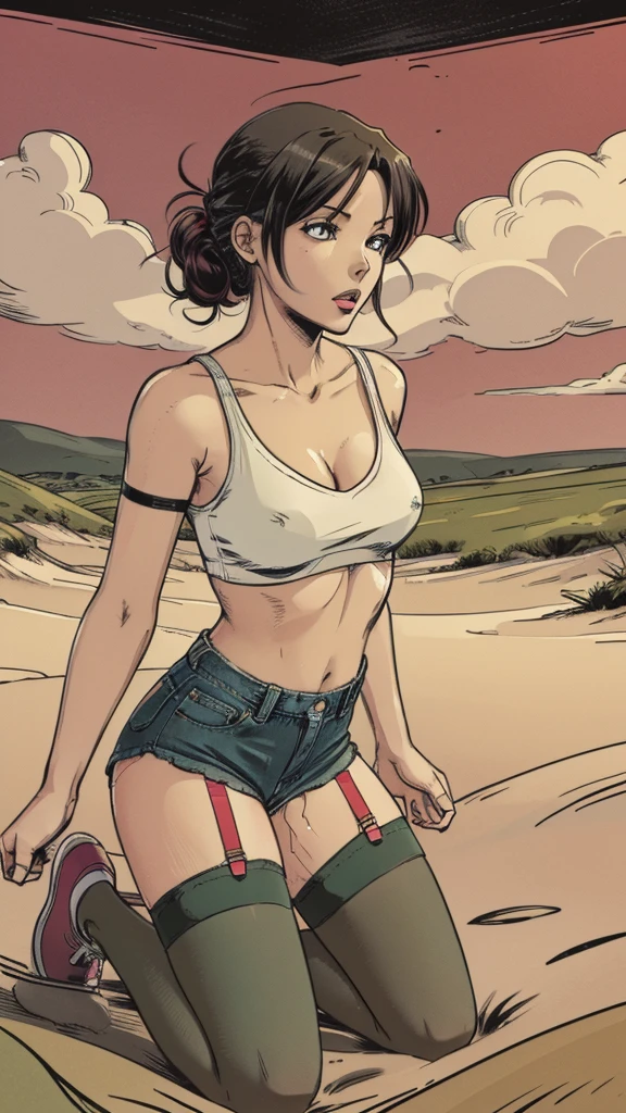 vector image, anime, junior girl, gloomy orgasm, sneakers and crop-top and denim shorts and (dark nylon stockings with garters), near quicksand bog, green,red, provocative pose,