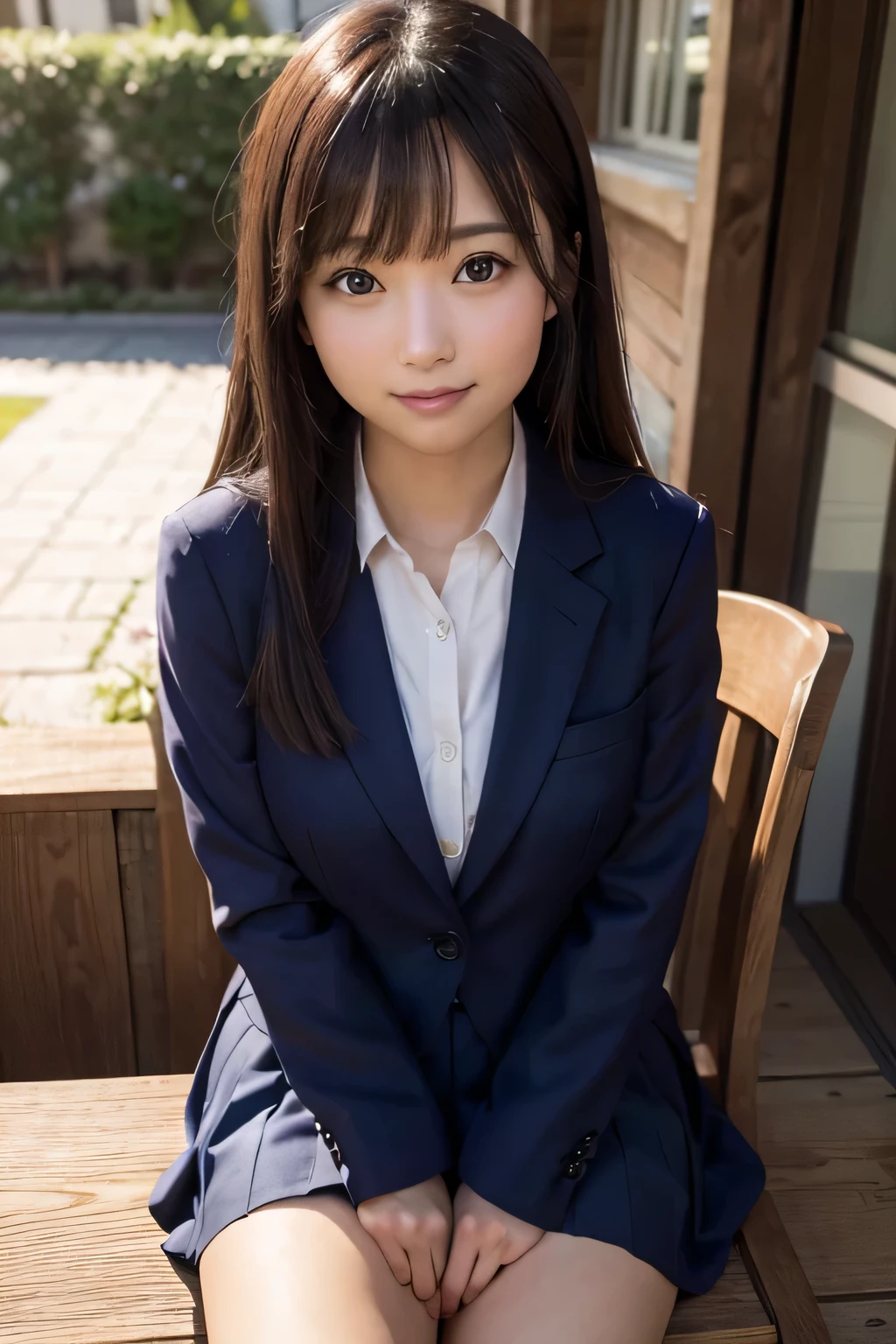best quality, facial focus, soft light, (depth of field), ultra high res, (photorealistic: 1.4), RAW photo, (sideways) 1Japanese girl, solo, handsome, (shy, smile: 1.1), (brown eyes), detailed beautiful face, (long hair), (seated chair), (school uniform: 1.4, navy skirt, navy Blazer),