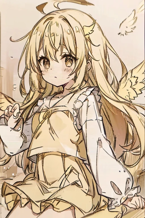 A blonde haired female angel in a cute yellow lolita dress with hazel eyes and golden wings is splashing in the waves at the beach