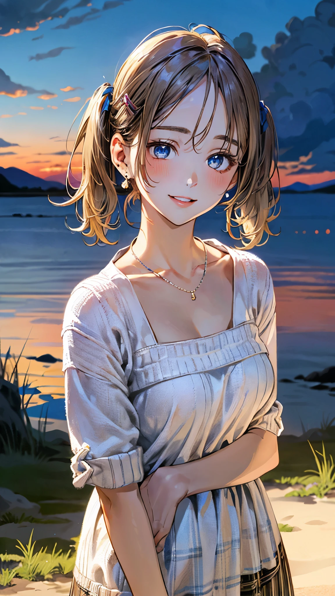 (masterpiece:1.3, top-quality, ultra high res, ultra detailed), (realistic, photorealistic:1.4), beautiful illustration, perfect lighting, natural lighting, bright color, depth of fields, nsfw,
beautiful detailed hair, beautiful detailed face, beautiful detailed eyes, beautiful clavicle, beautiful body, beautiful chest, beautiful thigh, beautiful legs, beautiful fingers, shiny skin, shiny hair,
looking at viewer, 1 girl, japanese, high school girl, (perfect anatomy, anatomically correct, super detailed skin), cute and symmetrical face, babyface, perfect face, perfect eyes, 
(short hair, twintails, blonde hair), forehead, (deep blue eyes:1.2), long eye lasher, (medium breasts, seductive thighs), slender,  delicate, 
(hair clips, earrings, necklace, (plaid knit dress:1.3), ),  
(beautiful scenery), summer, (beautiful cloud, dusk sky), , (lovely smile, upper eyes, parted lips),