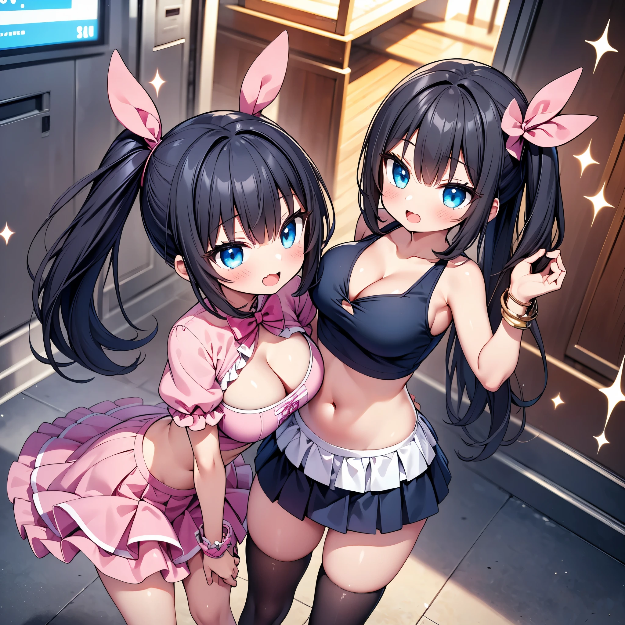 highest quality,wonderful,finely,extremely detailed CG Unity 8K wallpaper, (Stand in line:1.2), (3girls, cute eyes, (magical pink girl outfit,frill mini skirt:1.1), Black Hair, blue eyes, side ponytail, clothed), (sparkling eyes:1.2), (glamorous:1.1), (huge breasts), (cleavage), (crop top navel), (open mouth:1.1), (long tongue:1.1), (black stockings:1.2),(Thighs:1.2),(from above)