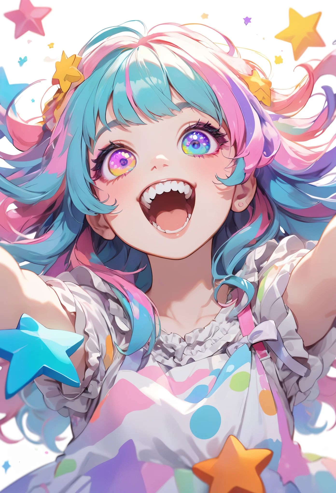 Girl, fluffy hair, colorful hair, long hair, big eyes, white eyelashes, long eyelashes, colorful eyes, round eyes, stars in the eyes, open mouth, jagged teeth, joy, pop, cute, Colorful, happy pose, dynamic, pastel, (colorful:1), (sketch:0.3), (hyper pop:1), Jirai Kei,