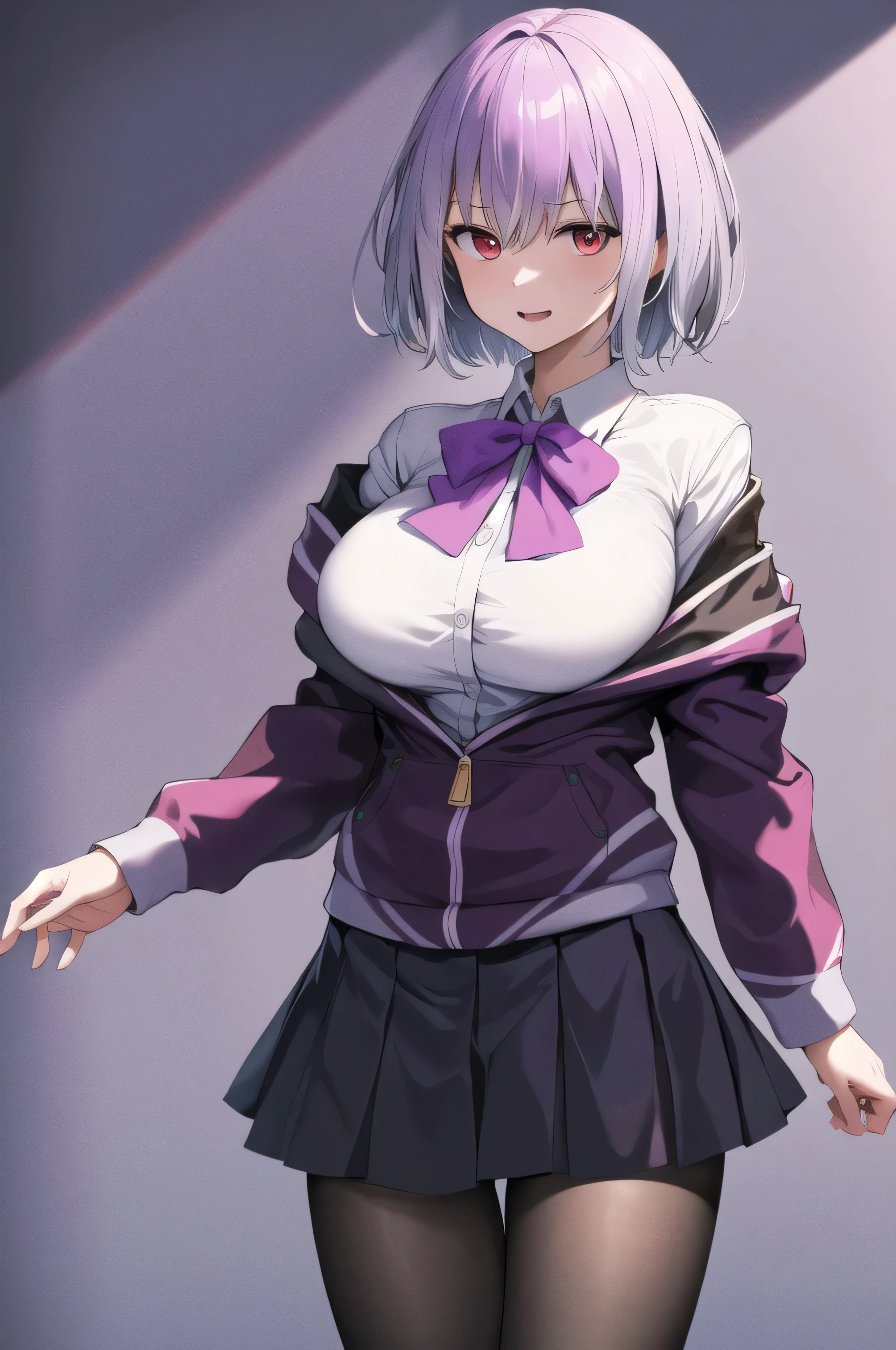 masterpiece, highest quality,best quakity, High resolution, Ah Akane, short hair, Red eyes, Large Breasts, Purple bow tie, Collared shirt, White shirt, Off the shoulder, Purple Jacket, Partially defrosted, Long sleeve, Sleeves are longer than the wrist, Pleated skirt, Black Skirt, pantyhose, Cowboy Shot, Are standing, evil face,evil huge laugh,(Best picture quality, 4K, 8K, High resolution, Masterpiece: 1.2), ultra detailed,  Sinister Veil of Shadows,dark aura background