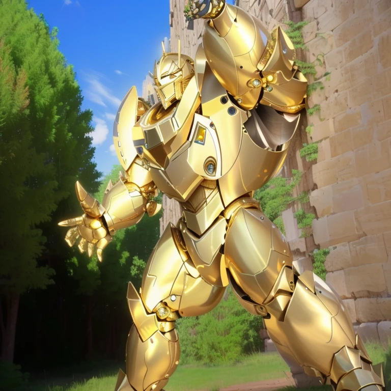 gilded shiny armour, golden armour, heavy golden armour, the golden humanoid robot, heavy gold armour, anime image of a giant robot with a huge smile on his face, solo