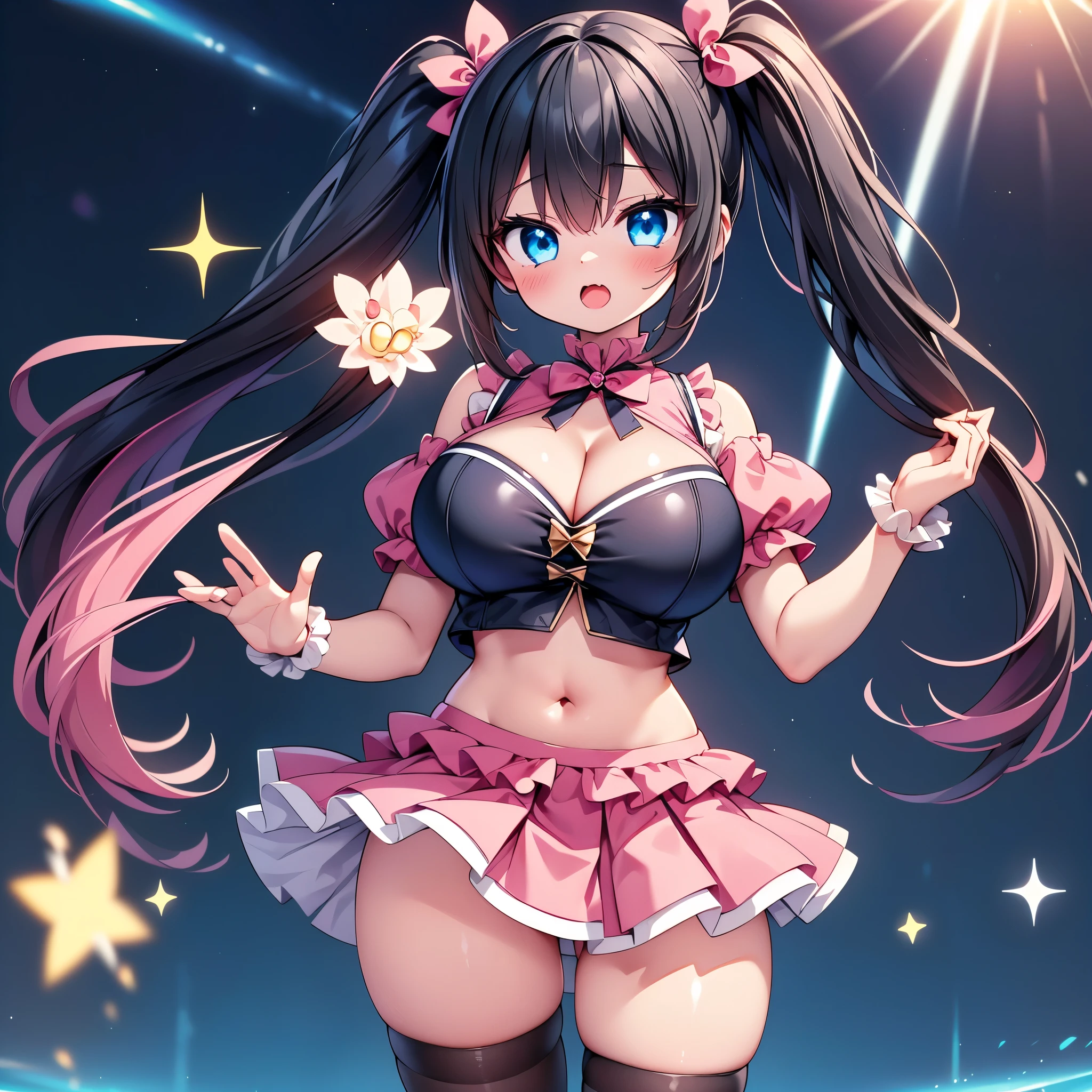 highest quality,wonderful,finely,extremely detailed CG Unity 8K wallpaper, (girls, cute eyes, (magical pink girl outfit,frill mini skirt:1.1), Black Hair, blue eyes, side ponytail, clothed), (sparkling eyes:1.2), (glamorous:1.1), (huge breasts), (cleavage), (crop top navel), (open mouth:1.1), (long tongue:1.1), (black stockings:1.2),(Thighs:1.2)