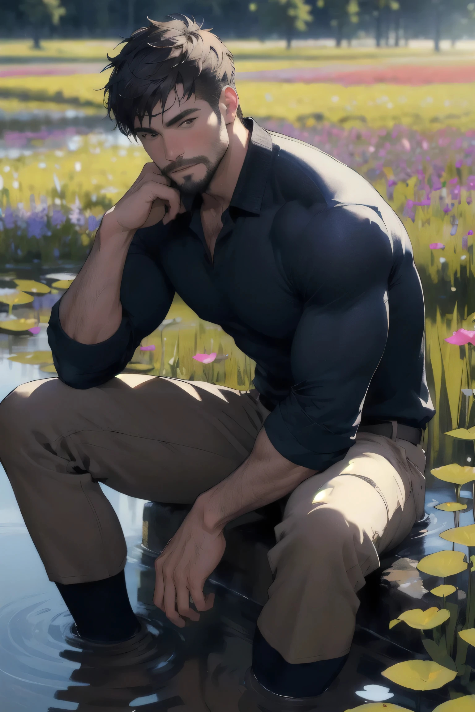 Best quality, masterpiece, expressionless,ultra high res,detailed background,realistic,1man,solo,male,muscular,mature male,short hair,facial hair,sitting,water,flower field,real shadow and light,depth of field,