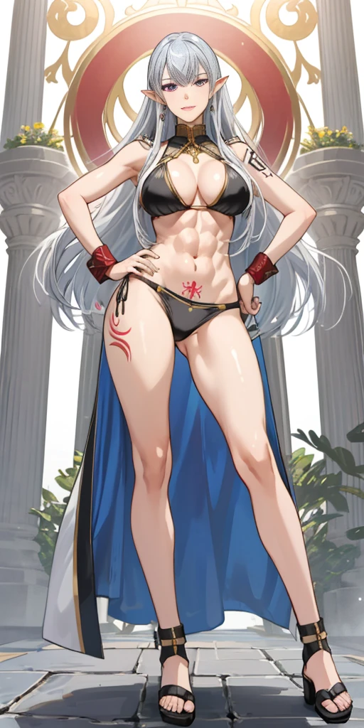 (Selvaria Bles (Valkyria Chronicles) LoRA) ((1girl)) full body standing straight symmetrical looking to the viewer, view from below, grey skin, drow, elf, mature, detailed happy face, purple eyes, white silver hair, black bikini, abs, navel, big knockers, golden chain collar, stomach tattoo (red tattoo), hands on  hips, wide hips, thick thighs, metal sandals