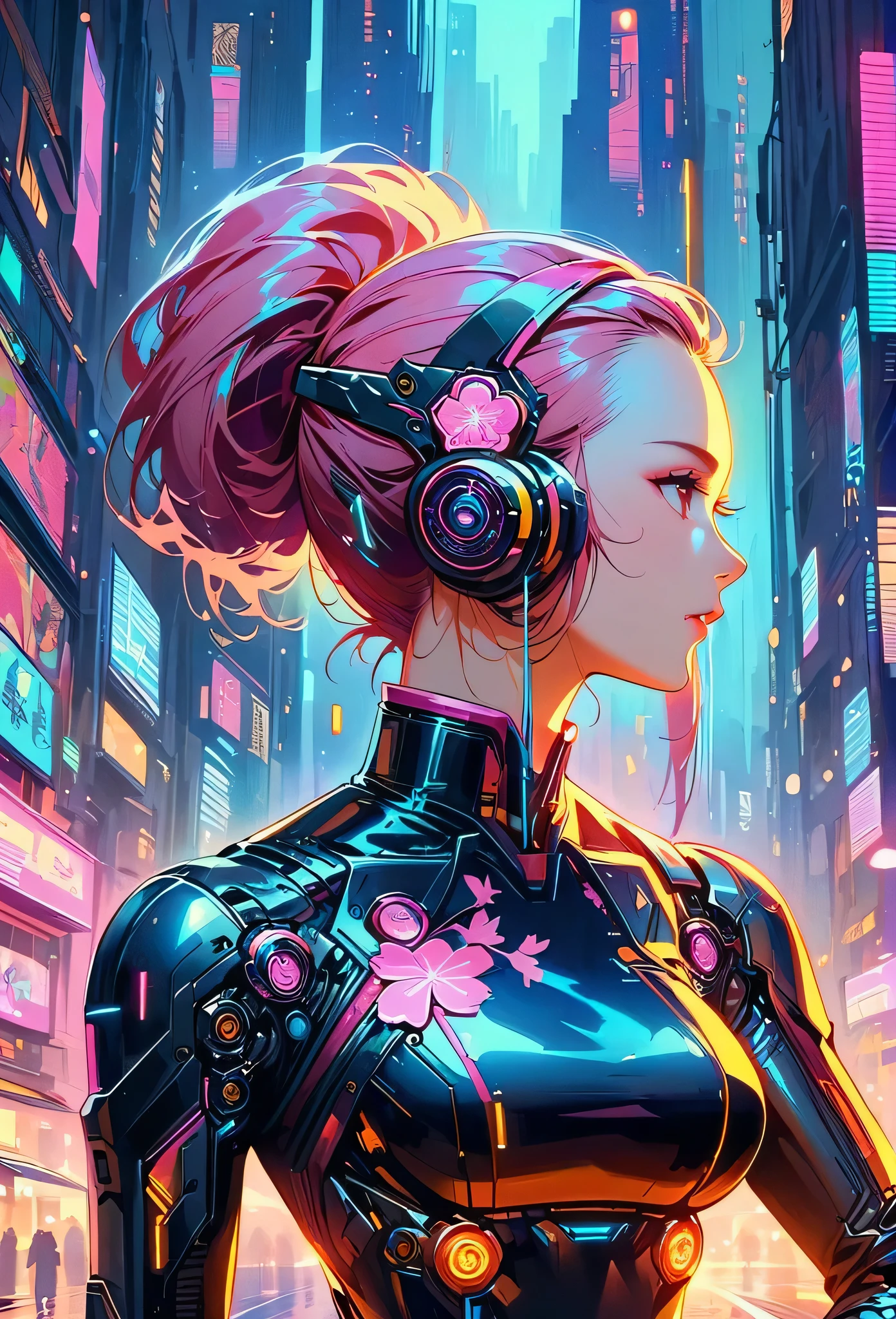 ((Vision))，((whole body))，1 girl, Wearing a black cheongsam，Robot arms and legs，Cyberpunk beauty holding an electric rifle，Standing under the cherry blossom tree with pink flowers，（white sockechanical ceramic high heels：1.5 ），background，Empty Mountain Motorcycle Style Oil Painting，closeup portrait，futuristic style，cyberpunk，high detail