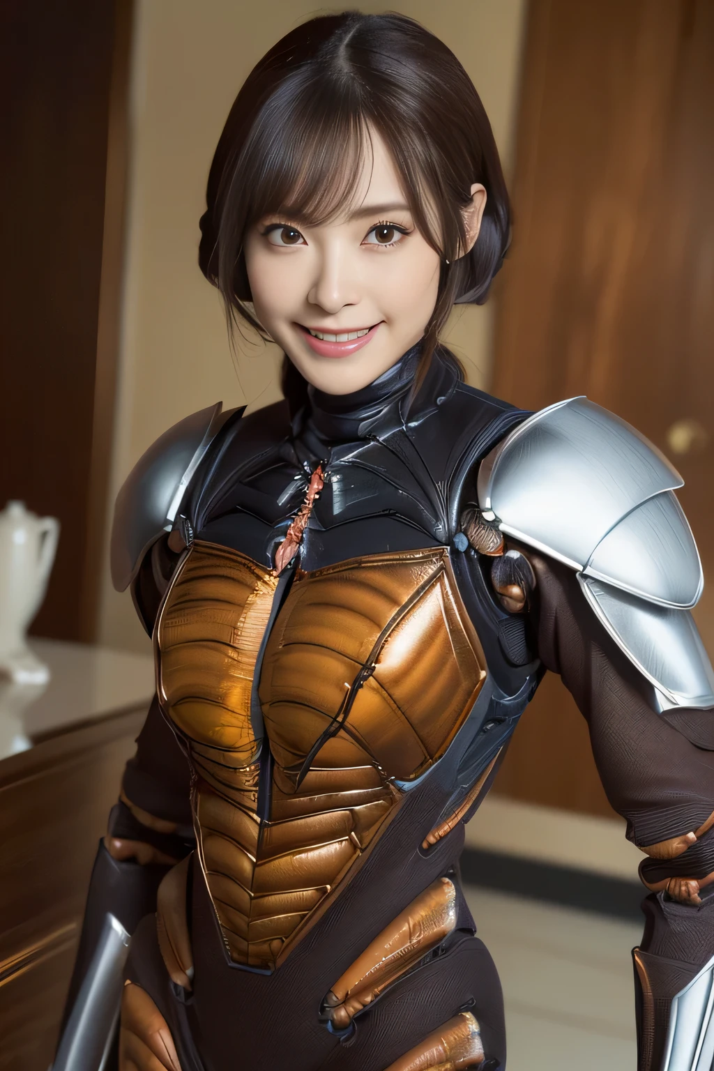 (high resolution,masterpiece,best quality,extremely detailed CG, anime, official art:1.4), realistic, photo, amazing fine details, all intricate, gloss and shiny,awesome many layers, 8k wall paper, 3d, sketch, kawaii, illustration,( solo:1.4), perfect female proportion,villainess, (fusion of dark brown cockroach and lady:1.4), (brown cockroach form lady:1.2), (brown cockroach lady:1.2), (fusion:1.2), (solo:1.4), (evil smile:1.2), muscular, abs, (cockroach brown exoskeleton bio insect suit:1.4), (cockroach brown exoskeleton bio insect armor:1.2), (brown transparency cockroach wing:1.4), (brown cockroach antennae:1.3),