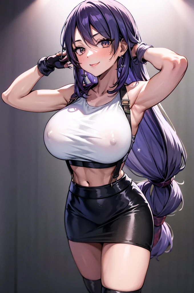 (masterpiece), best quality, expressive eyes, perfect face, 1 girl, solo, defTifa, white crop top, elbow pad, fingerless gloves, suspenders, pencil skirt, black socks, red boots, city, metallic city, night, smiling, standing, posing, upper body, portrait, looking at the viewer, bigboob, Long purple hair