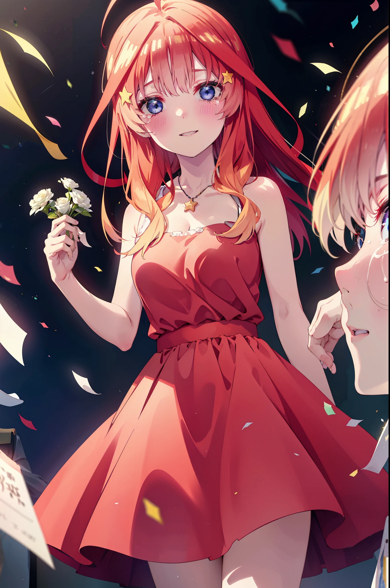 itsukinakano, Itsuki Nakano, bangs, blue eyes, Hair between the eyes, Ahoge, Redhead, star \(symbol\), hair ornaments, tiara,star hair ornaments,smile,blush,Red Dress,Long skirt,Red Pin Heel,Sleeveless,Exposing shoulders,Bare arms,Bare neck,bare clavicle,Heart Necklace,Tears stream down her face,Tears of joy,I cry a lot,holding a large bouquet of flowers in each hand,Confetti,There is a birthday cake on the table,
break indoors, on stage,
break looking at viewer, (Cowboy Shot:1.5),
break (masterpiece:1.2), highest quality, High resolution, unity 8k wallpaper, (shape:0.8), (Beautiful details:1.6), Highly detailed face, Perfect lighting, Extremely detailed CG, (Perfect hands, Perfect Anatomy),