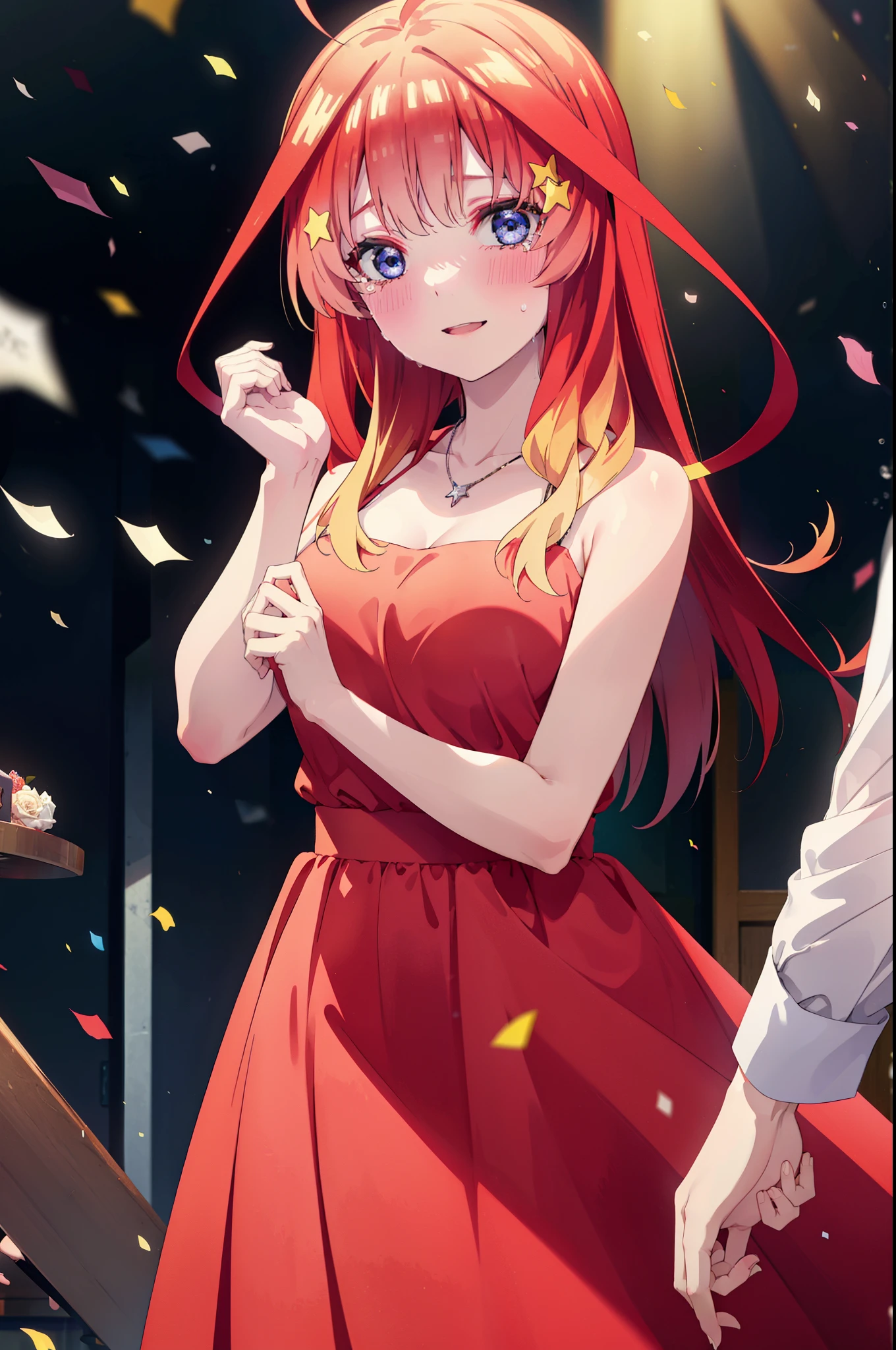 itsukinakano, Itsuki Nakano, bangs, blue eyes, Hair between the eyes, Ahoge, Redhead, star \(symbol\), hair ornaments, tiara,star hair ornaments,smile,blush,Red Dress,Long skirt,Red Pin Heel,Sleeveless,Exposing shoulders,Bare arms,Bare neck,bare clavicle,Heart Necklace,Tears stream down her face,Tears of joy,I cry a lot,holding a large bouquet of flowers in each hand,Confetti,There is a birthday cake on the table,
break indoors, on stage,
break looking at viewer, (Cowboy Shot:1.5),
break (masterpiece:1.2), highest quality, High resolution, unity 8k wallpaper, (shape:0.8), (Beautiful details:1.6), Highly detailed face, Perfect lighting, Extremely detailed CG, (Perfect hands, Perfect Anatomy),