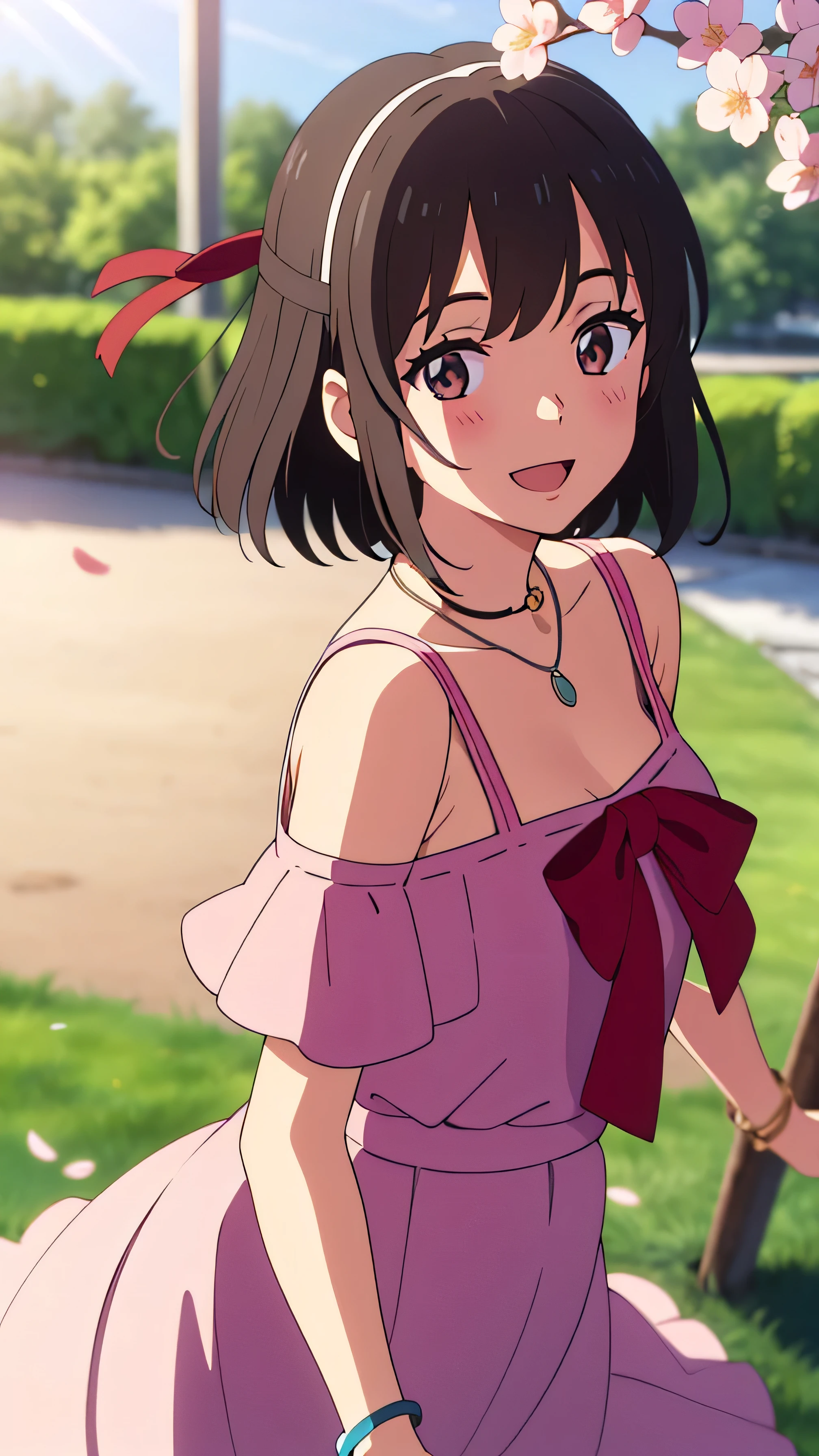 (masterpiece, best quality, high quality, highres, ultra-detailed), shinkai makoto, kimi no na wa., 1girl, bangs, black hair, blush, bright eyes, brown eyes, headband, looking at the viewer, red bow, red headband, red ribbon, white dress, short hair, medium breasts, solo, day, Outdoors, shinny skin, smile, happy, :D, bracelet, necklace, cherry_blossoms, falling_petals, petals, branch, pink_flower, blue_sky, sunlight, spring_season, wind, tree