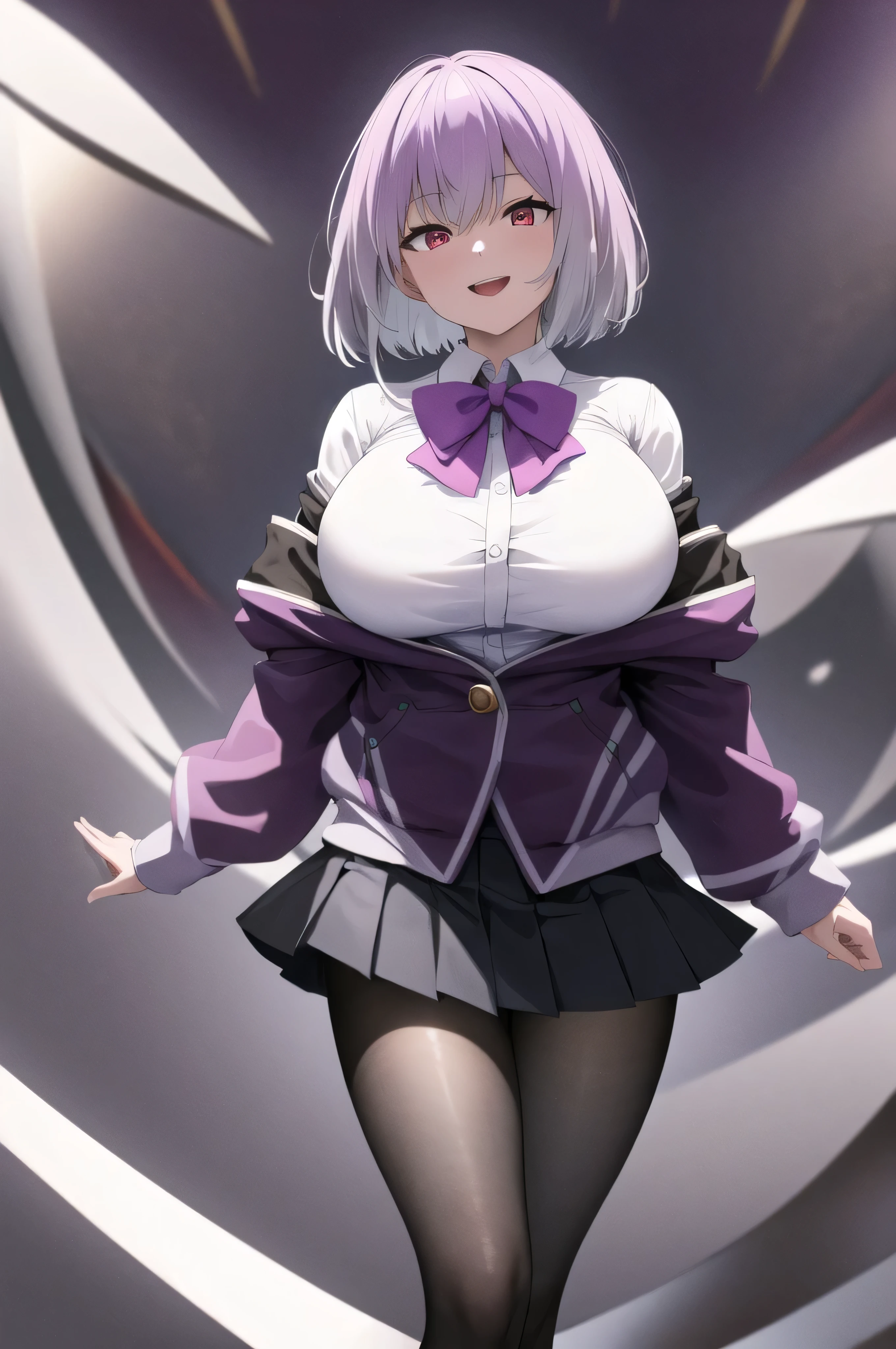 masterpiece, highest quality,best quakity, High resolution, Ah Akane, short hair, Red eyes, Large Breasts, Purple bow tie, Collared shirt, White shirt, Off the shoulder, Purple Jacket, Partially defrosted, Long sleeve, Sleeves are longer than the wrist, Pleated skirt, Black Skirt, pantyhose, Cowboy Shot, Are standing, evil face,evil huge laugh,(Best picture quality, 4K, 8K, High resolution, Masterpiece: 1.2), ultra detailed,  Sinister Veil of Shadows,dark aura background