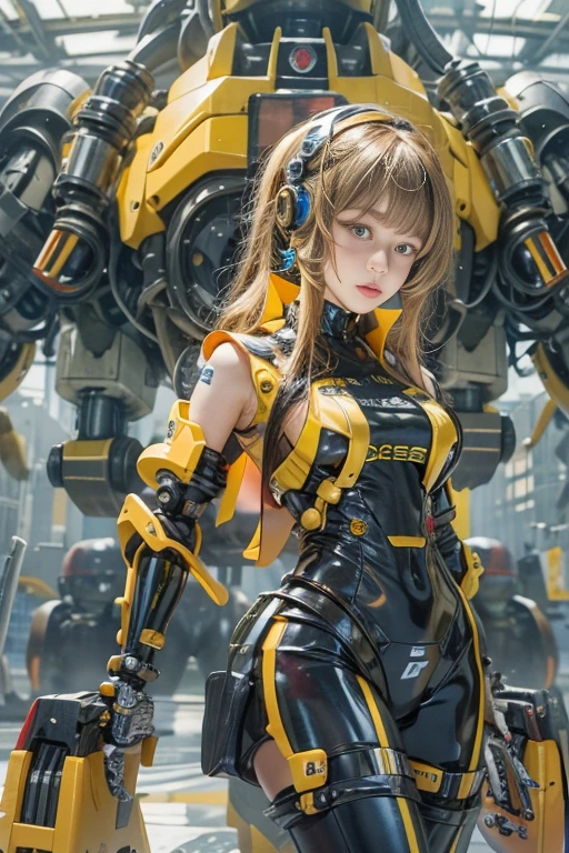 optical reality，hips up,Girl in futuristic cybernetic costume，YellowOctopus metal robot cyberMachinery,Battlefield backdrop
