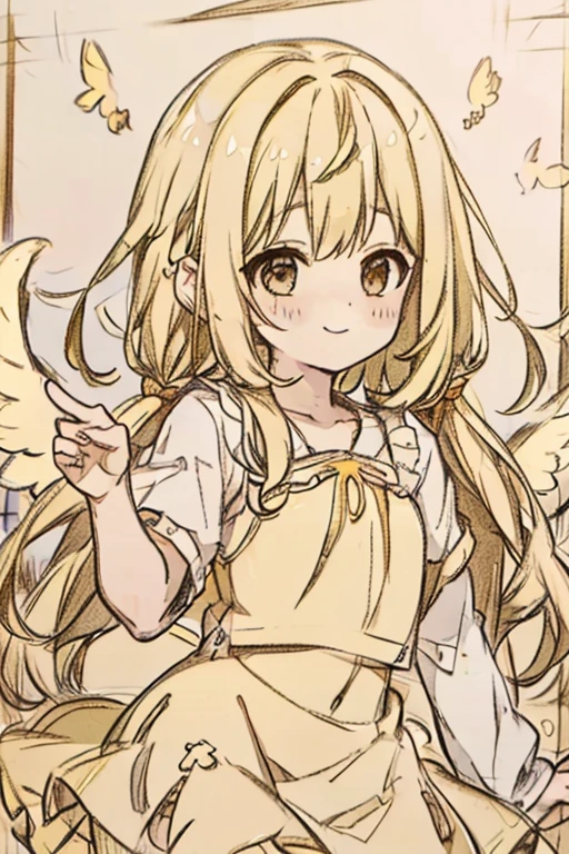 A blonde haired female angel in a cute yellow lolita dress with hazel eyes and golden wings is smiling at the beach