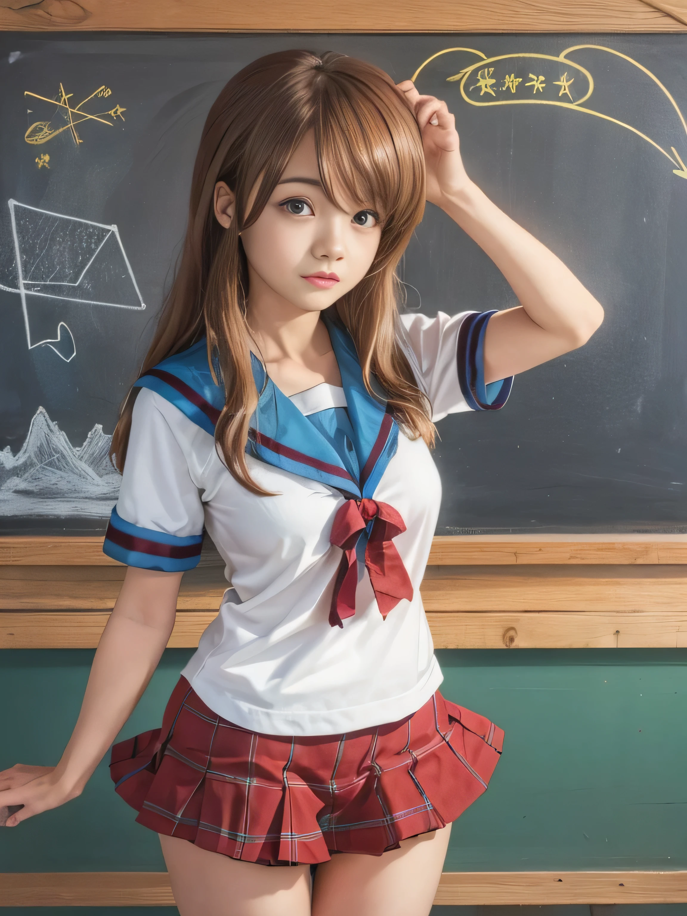 (RAW quality:1.4)、8k resolution、Ultra-high-definition CG imageasterpiece、highest quality、Hi-Lake 1、One Girl、, Mikuru Asahina、length、Ultra-thin North College uniform、solo、青いSailor collar、Sailor collar、serafuku、Blue Skirt、Short sleeve、Red ribbon、Huge bust、Classroom background with blackboard、