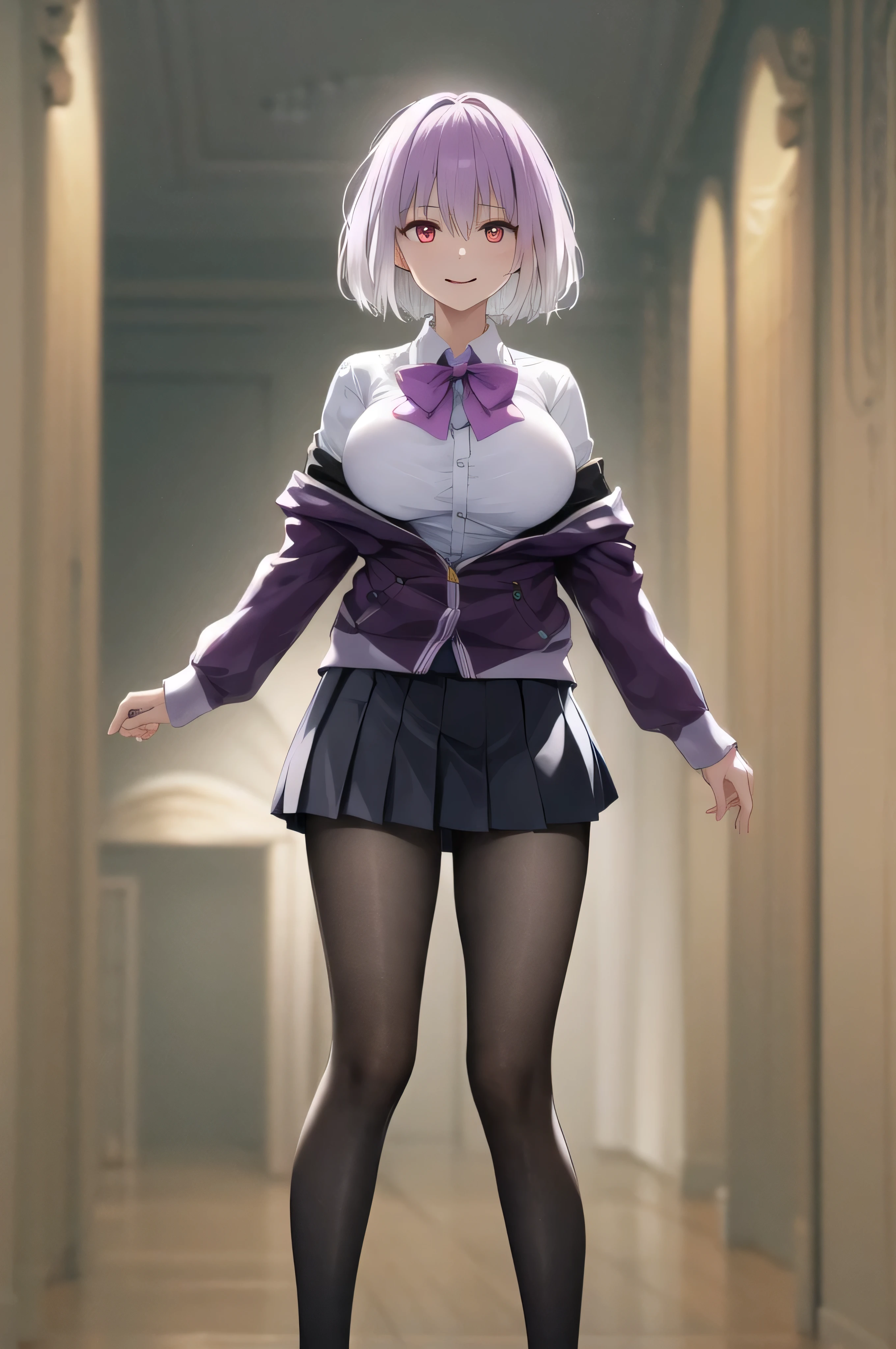 masterpiece, highest quality,best quakity, High resolution, Ah Akane, short hair, Red eyes, Large Breasts, Purple bow tie, Collared shirt, White shirt, Off the shoulder, Purple Jacket, Partially defrosted, Long sleeve, Sleeves are longer than the wrist, Pleated skirt, Black Skirt, pantyhose, Cowboy Shot, Are standing, evil face,evil huge laugh,(Best picture quality, 4K, 8K, High resolution, Masterpiece: 1.2), ultra detailed, Sinister Veil of Shadows,dark aura background