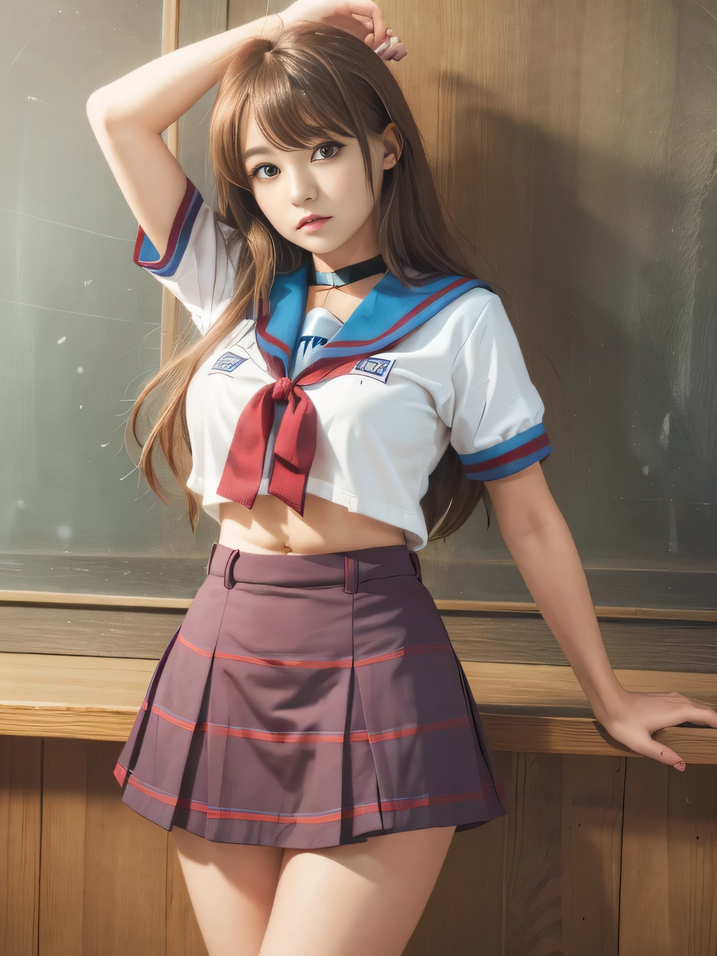 (RAW quality:1.4)、8k resolution、Ultra-high-definition CG imageasterpiece、highest quality、Hi-Lake 1、One Girl、15 years old, Mikuru Asahina、length、Ultra-thin North College uniform、solo、青いSailor collar、Sailor collar、serafuku、Blue Skirt、Short sleeve、Red ribbon、Huge bust、Classroom background with blackboard、