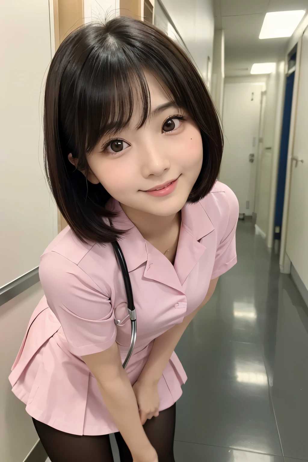 (1 Girl)、(Beautiful Japanese、18years old,round face、Refreshing、clear、seems kind、stylish、Pitiful、cute like an angel、cute、black eyes、,actress,Almond-shaped eyes), Good style , (Beautiful big breasts:1.2),(soft breasts),(very cute),(Black hair),(short bob hair),(enchanting eyes),(highlight on eyes:1.2)、(8K、Live shooting、highest quality、masterpiece:1.2、optimal lighting)、((masterpiece)),(Photo taken by a professional photographer),(real、photo real:1.4),break,{ (pink nurse costume),(((taraditional nurse uniform))),(pink nurse mini skirt),(( pantyhose)),(cleavage:0.7)},(Big laugh),(cheeks are red:1.2), break, break,Hospital,Face shot:1.3、Hospital corridor、Looking at viewer, face close-up,from below,