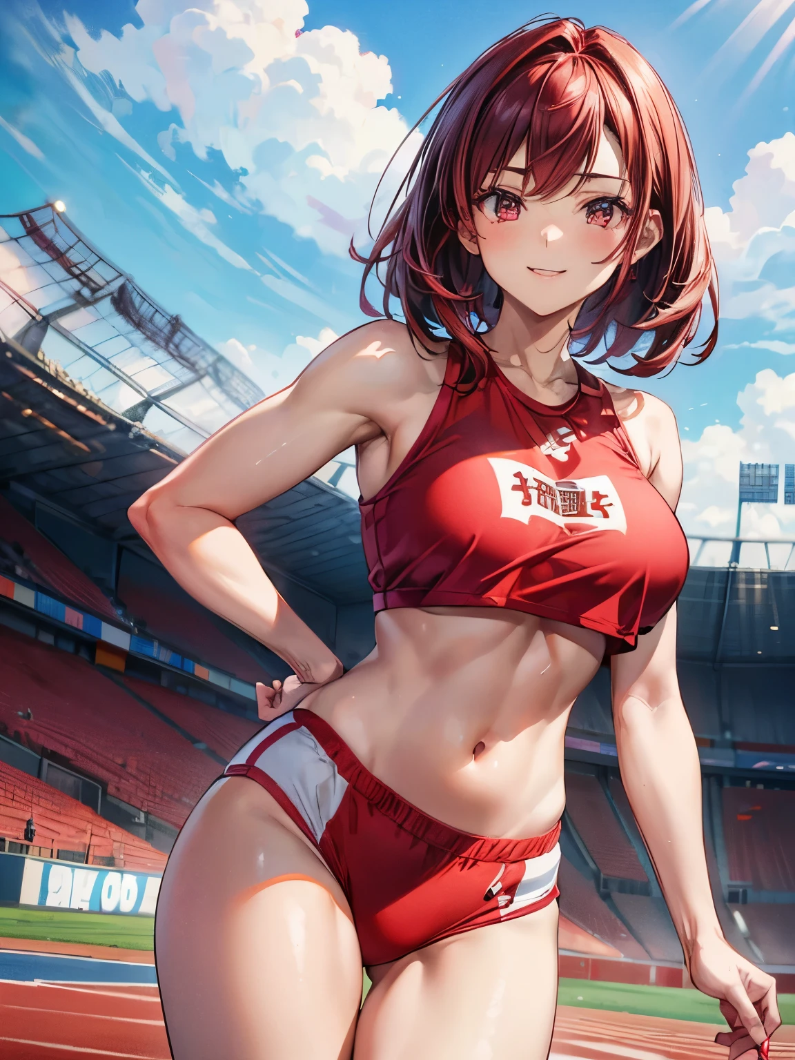 highest quality、Nice sexy body、One Woman、solo、(Beautiful busty woman:1.5)、Medium hair woman、((Woman with dark red hair))、Track and field athlete、A woman wearing a red sports bra with a logo、A woman wearing red high-cut bloomers、Smiling woman、Athletics Stadium