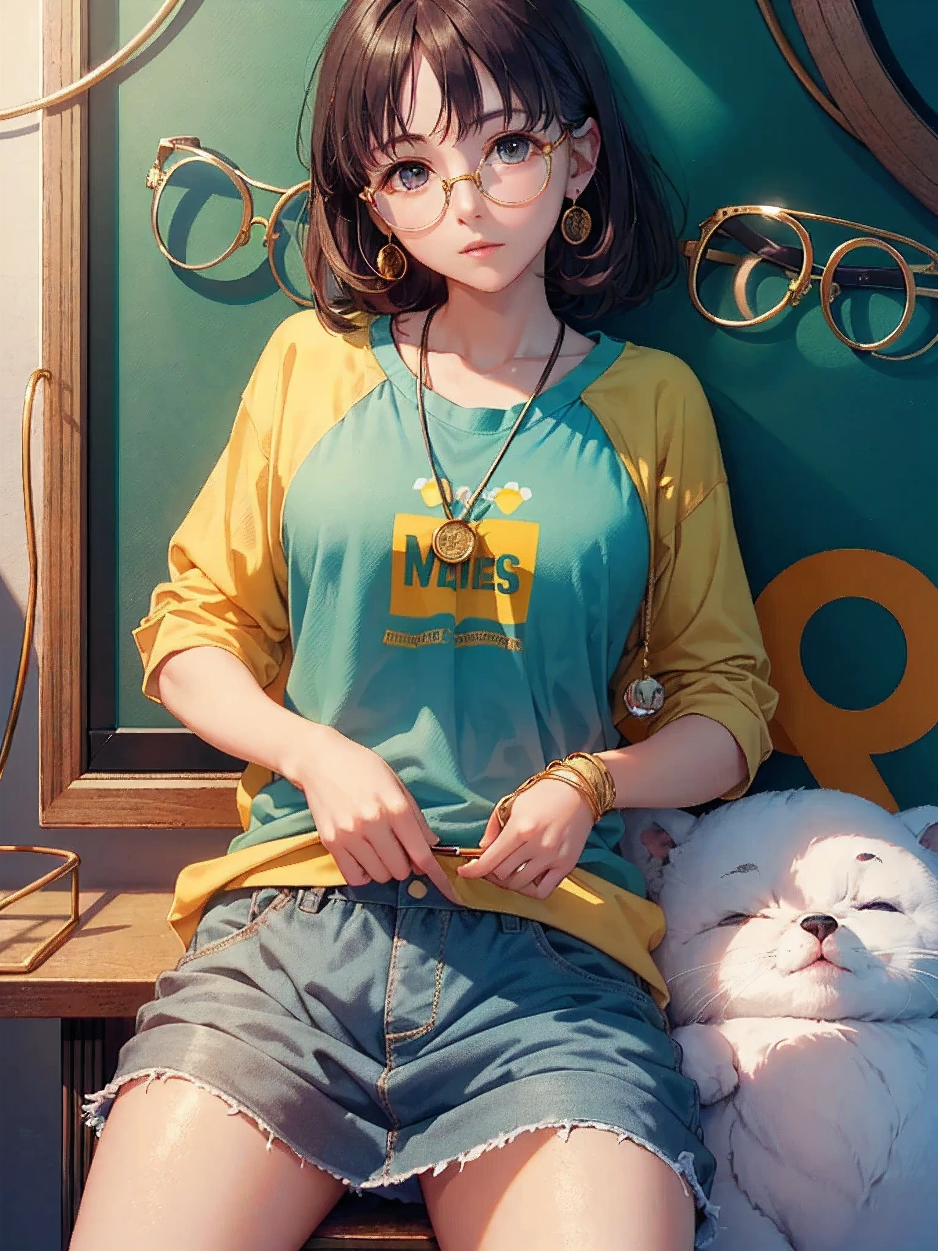 (Masterpiece, highest quality, super large resolution); (CG illustration); (a cute and cute girl); (sleepiness) (exhaustion); ((round-framed gold wire glasses)), (fashionable) (trendy); Rich colors, cyan, orange, yellow, green, cyan, blue, purple, fashion typography, magazine cover poster, hyper-detail, art, title, logo, label, badge, graphic design, detail post-processing, depth of field, high brightness, high saturation, more white space;